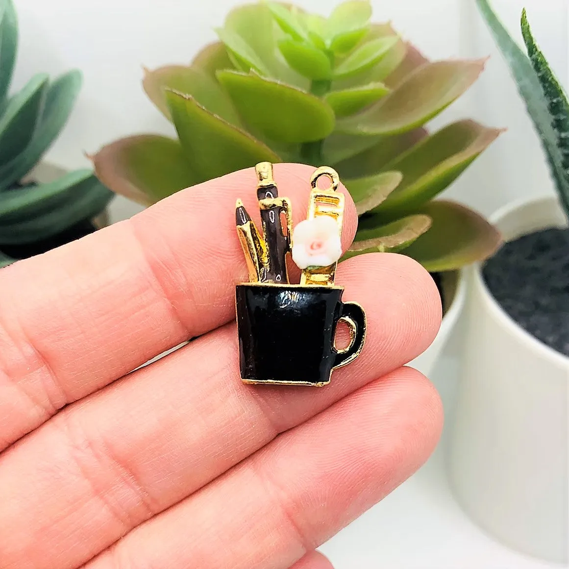1, 4 or 20 Pieces: Black Paintbrush Artist Cup Charms