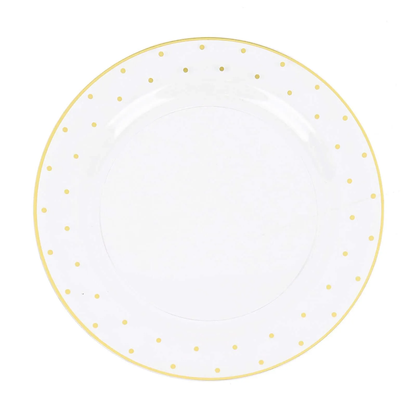 10 Pack 10" Clear With Gold Dot Rim Plastic Dinner Plates, Round Disposable Tableware Plates