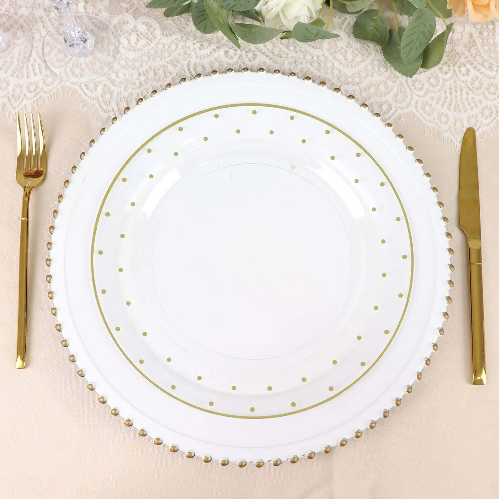 10 Pack 10" Clear With Gold Dot Rim Plastic Dinner Plates, Round Disposable Tableware Plates