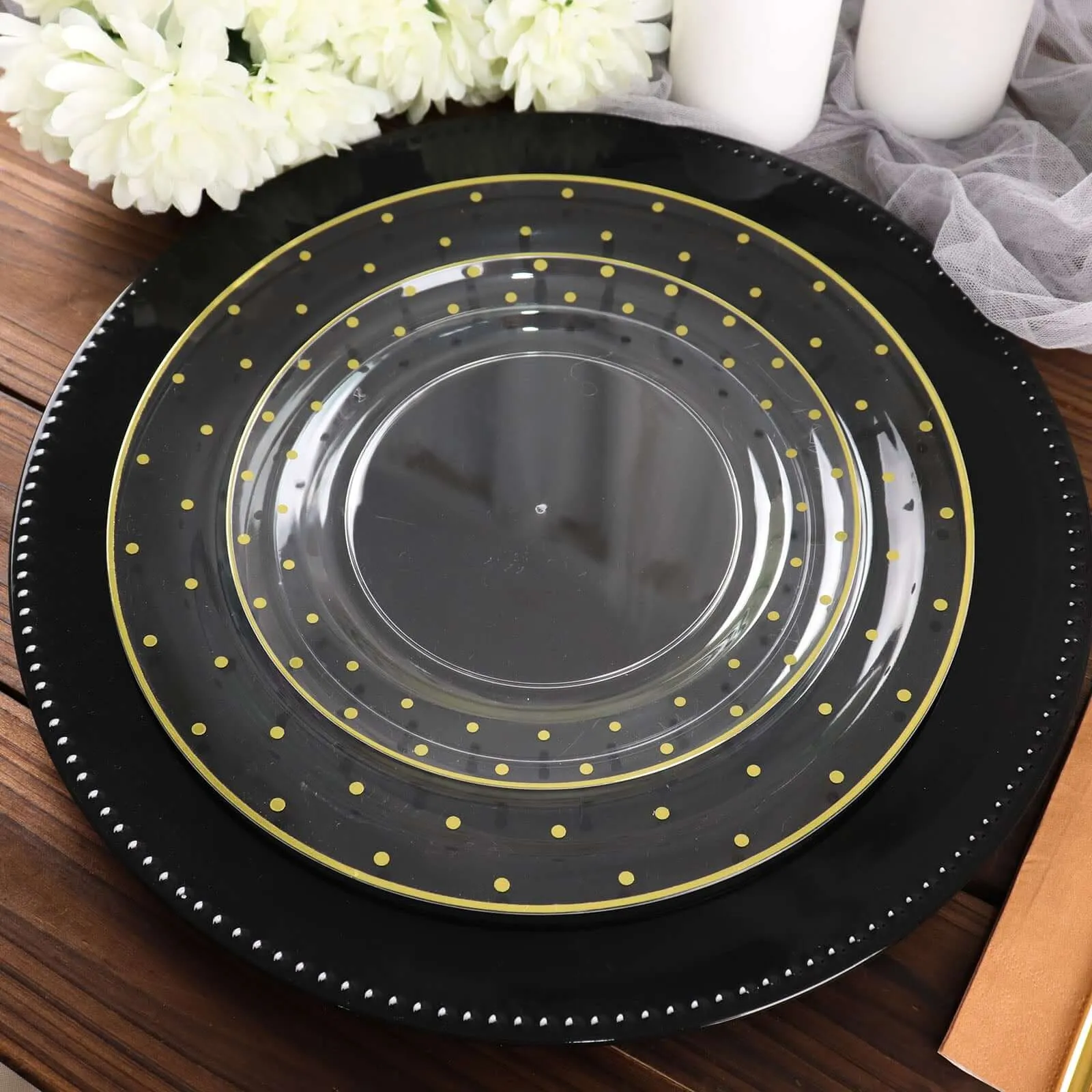 10 Pack 10" Clear With Gold Dot Rim Plastic Dinner Plates, Round Disposable Tableware Plates