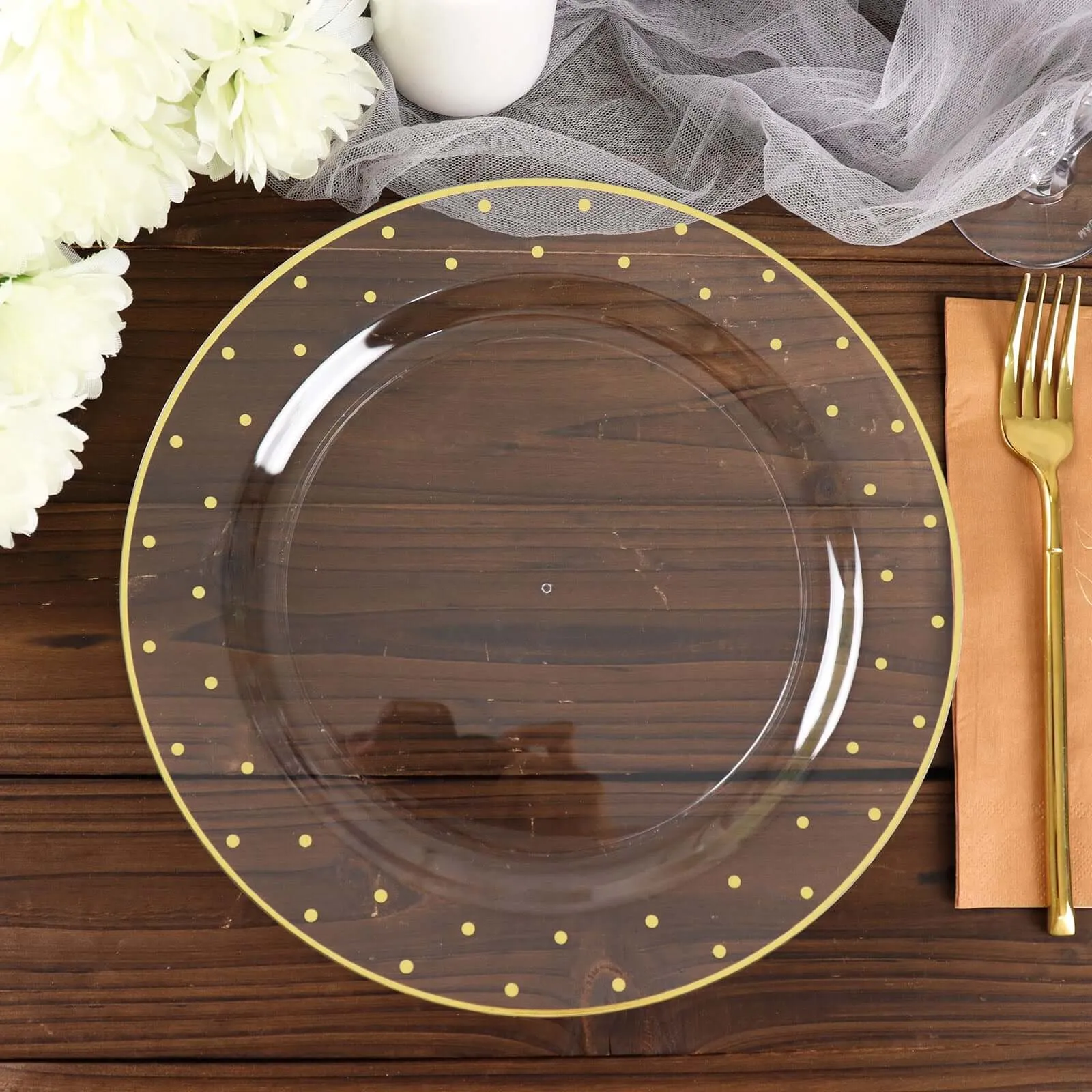 10 Pack 10" Clear With Gold Dot Rim Plastic Dinner Plates, Round Disposable Tableware Plates