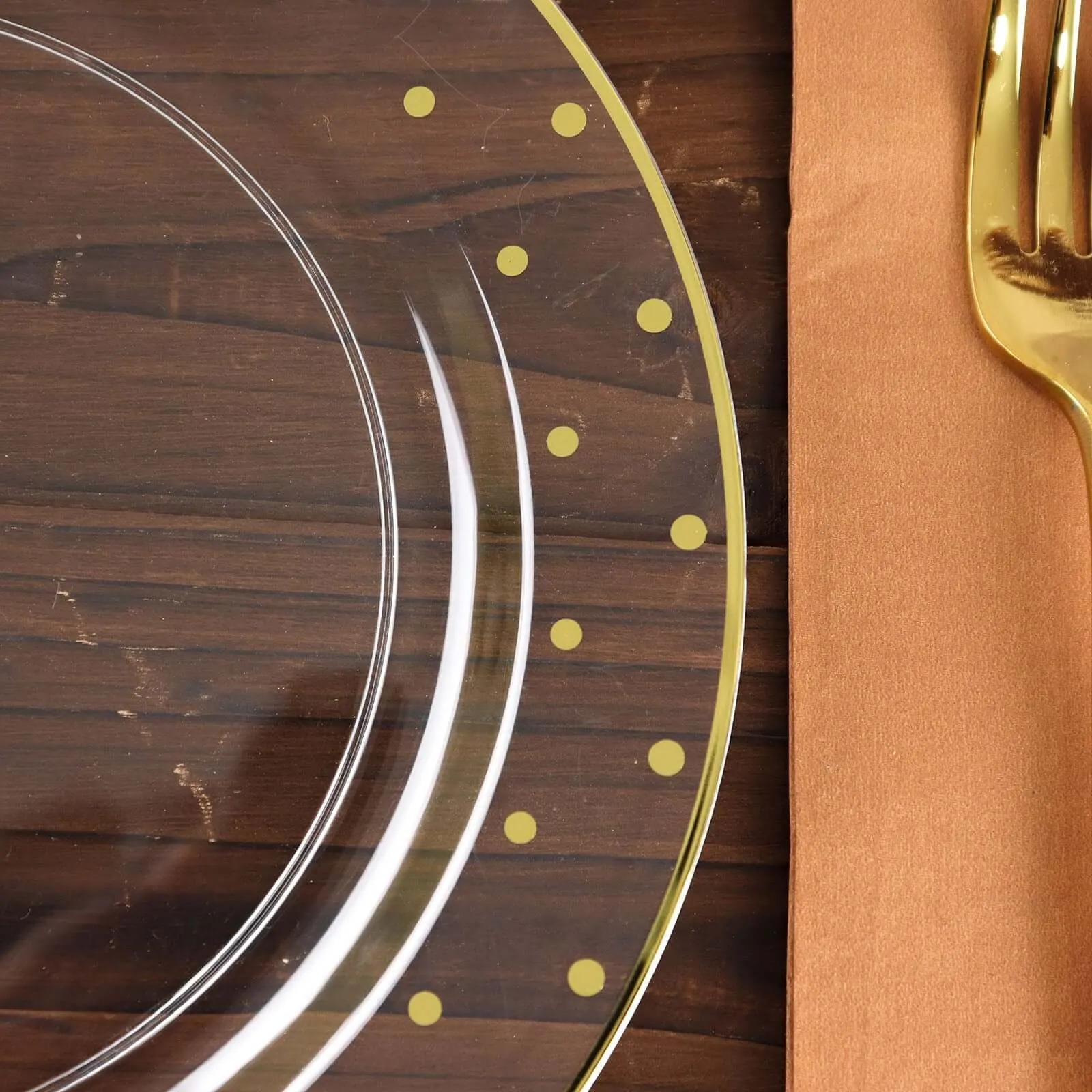 10 Pack 10" Clear With Gold Dot Rim Plastic Dinner Plates, Round Disposable Tableware Plates
