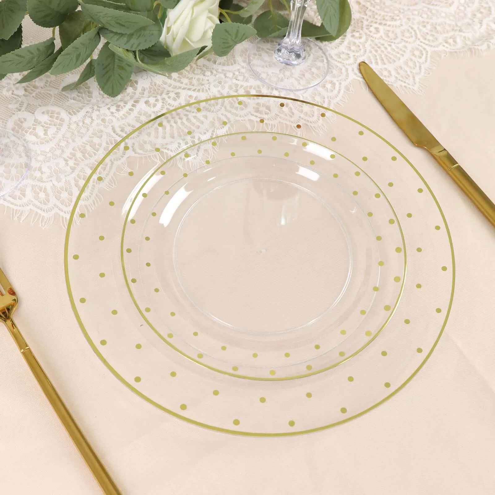 10 Pack 10" Clear With Gold Dot Rim Plastic Dinner Plates, Round Disposable Tableware Plates