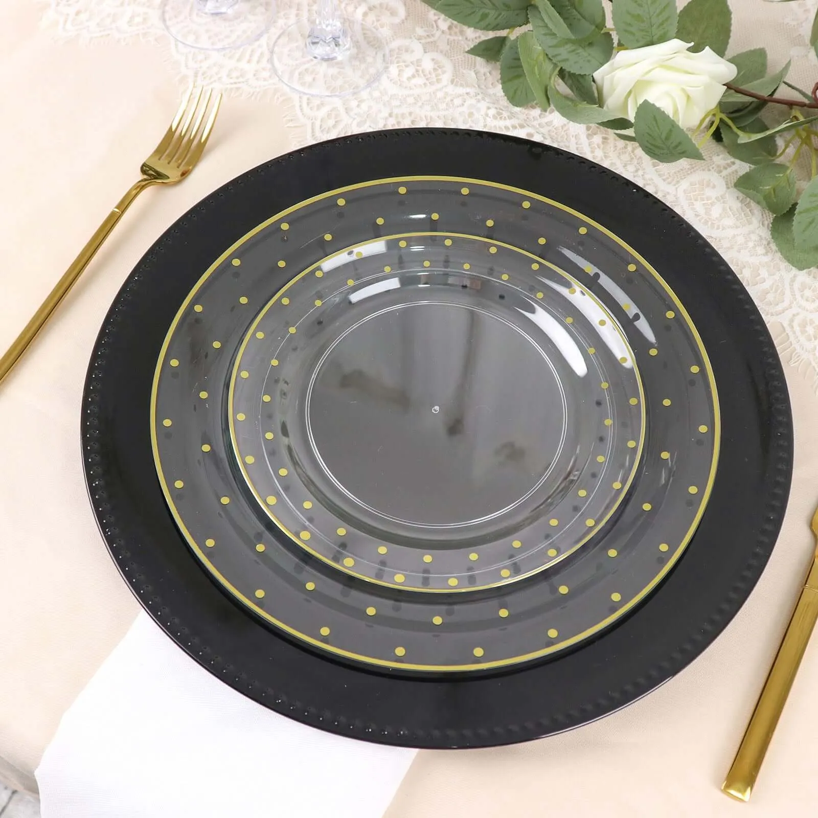 10 Pack 10" Clear With Gold Dot Rim Plastic Dinner Plates, Round Disposable Tableware Plates