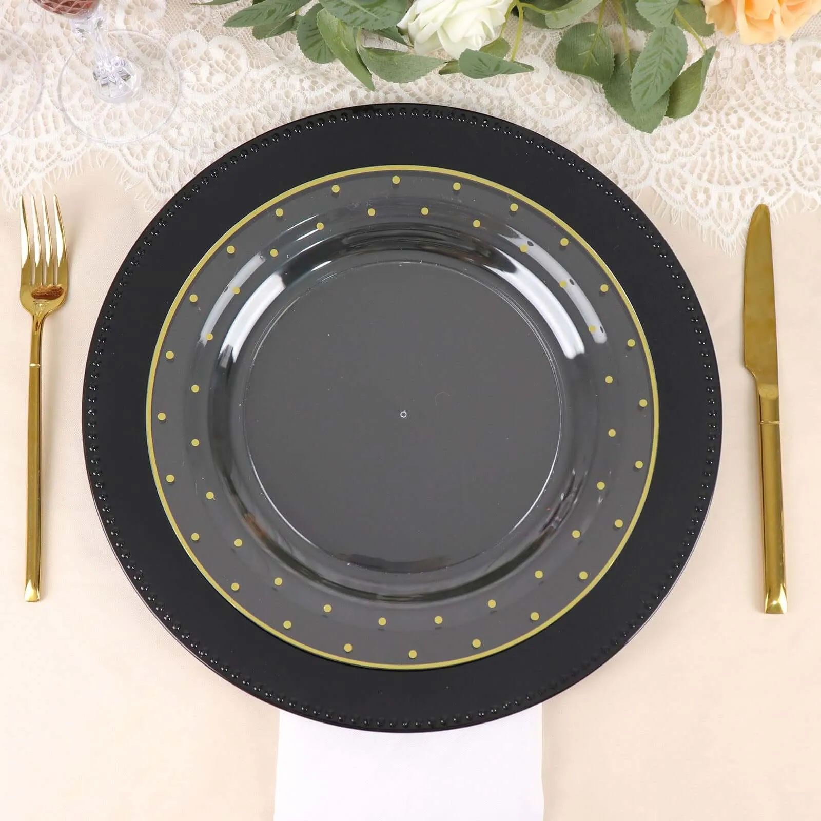 10 Pack 10" Clear With Gold Dot Rim Plastic Dinner Plates, Round Disposable Tableware Plates