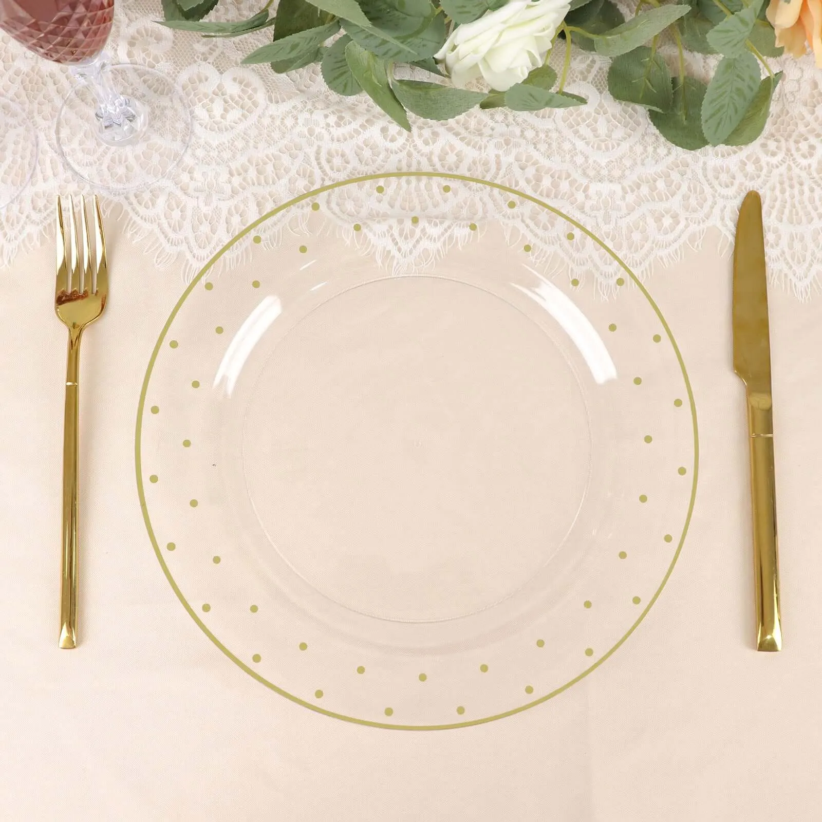 10 Pack 10" Clear With Gold Dot Rim Plastic Dinner Plates, Round Disposable Tableware Plates
