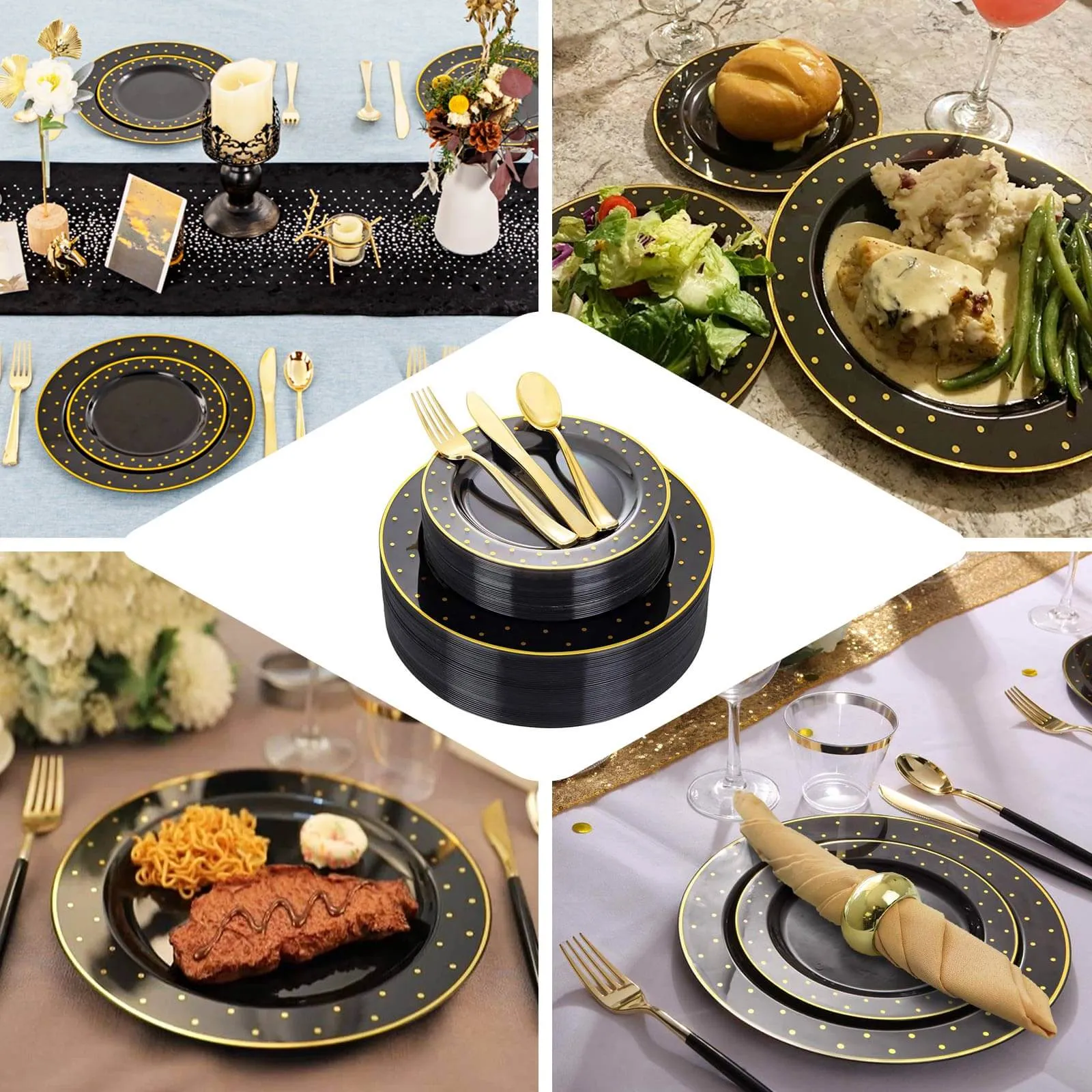 10 Pack 10" Clear With Gold Dot Rim Plastic Dinner Plates, Round Disposable Tableware Plates