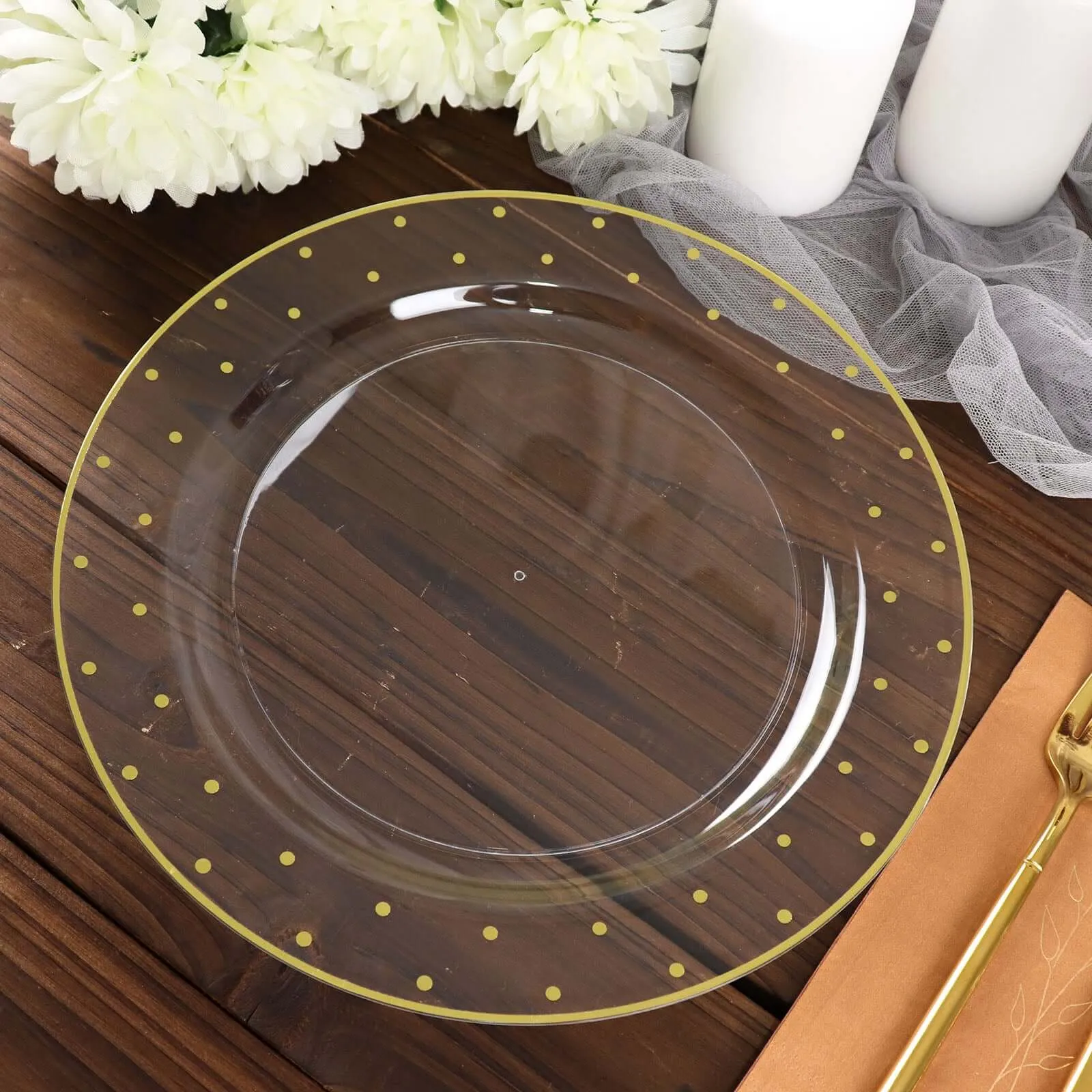 10 Pack 10" Clear With Gold Dot Rim Plastic Dinner Plates, Round Disposable Tableware Plates