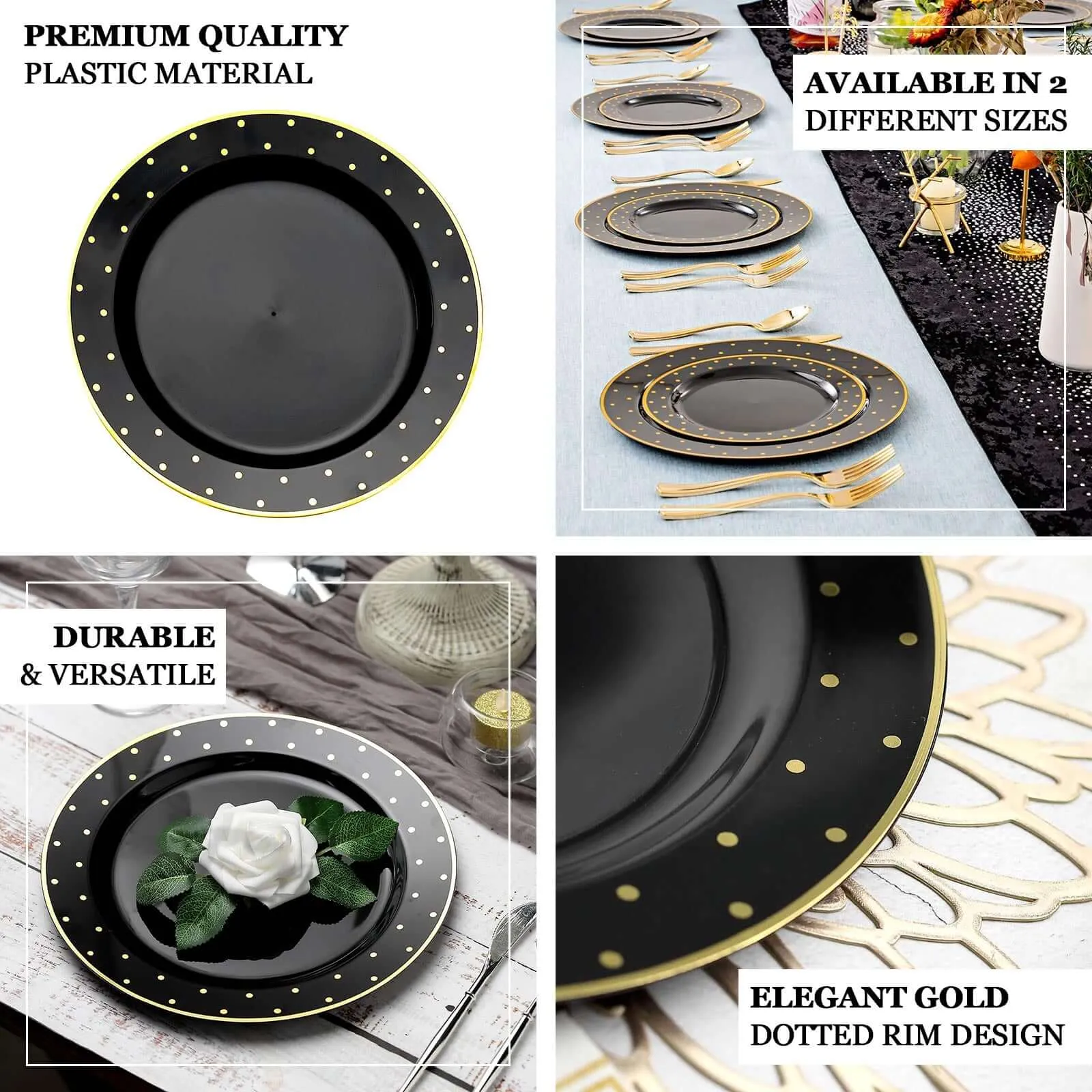10 Pack 10" Clear With Gold Dot Rim Plastic Dinner Plates, Round Disposable Tableware Plates