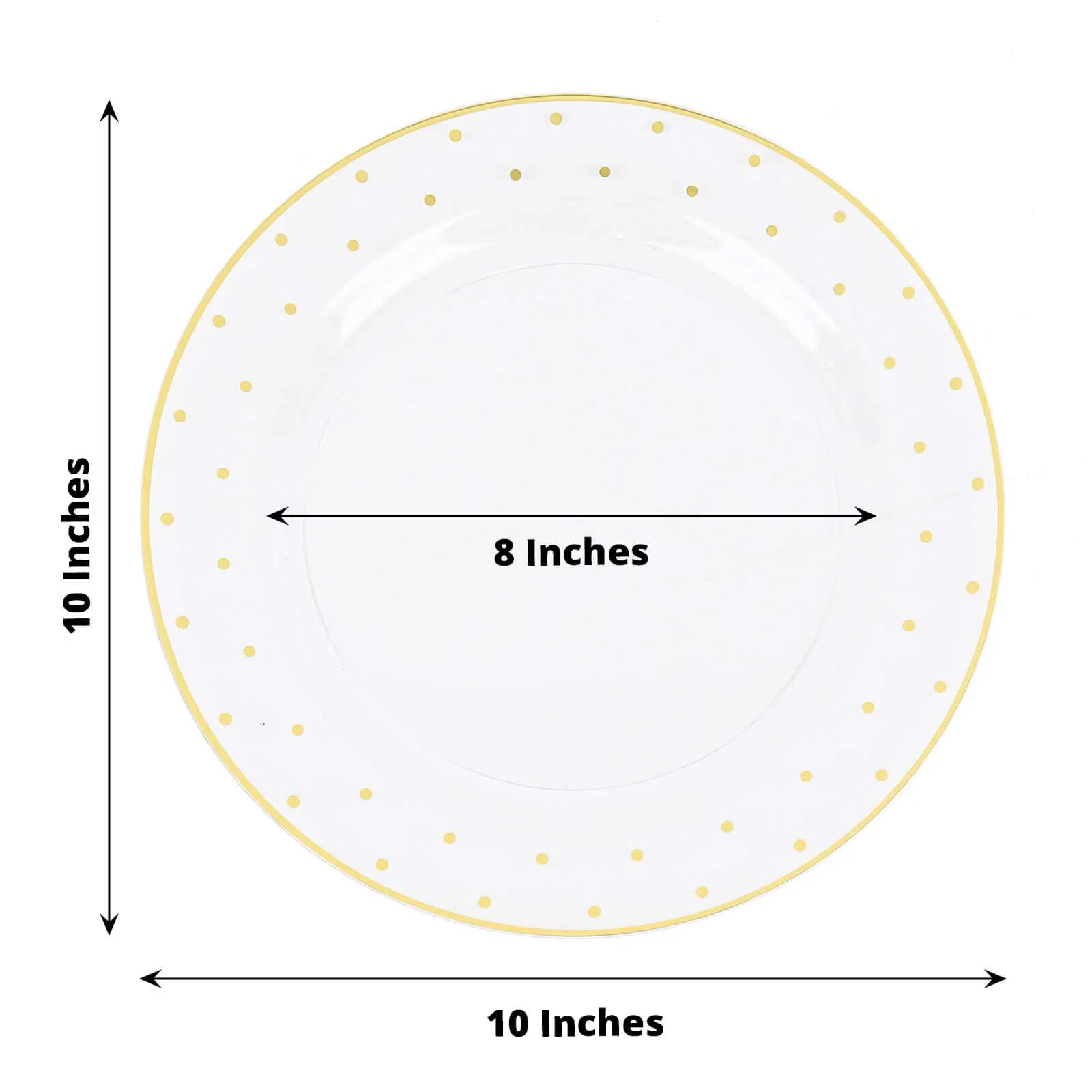 10 Pack 10" Clear With Gold Dot Rim Plastic Dinner Plates, Round Disposable Tableware Plates