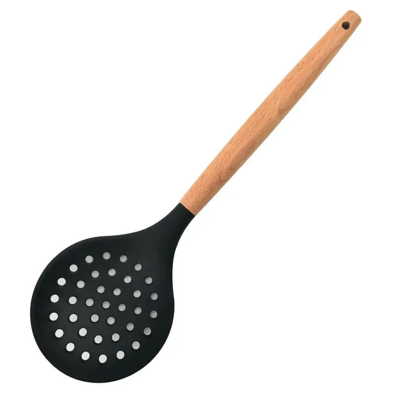 1Pcs Cooking Silicone Strainer Food Non-Stick Heat-Resistant Wooden Handle Colander Spoon Skimmer Strainer Cooking Kitchen Tools