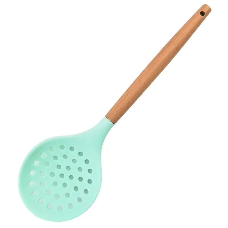 1Pcs Cooking Silicone Strainer Food Non-Stick Heat-Resistant Wooden Handle Colander Spoon Skimmer Strainer Cooking Kitchen Tools