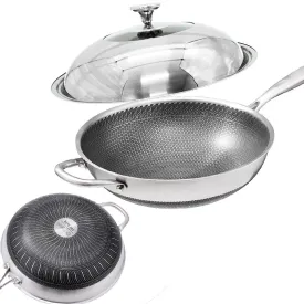 304 Stainless Steel 32cm Non-Stick Stir Fry Wok Pan | Honeycomb Double Sided | With Lid