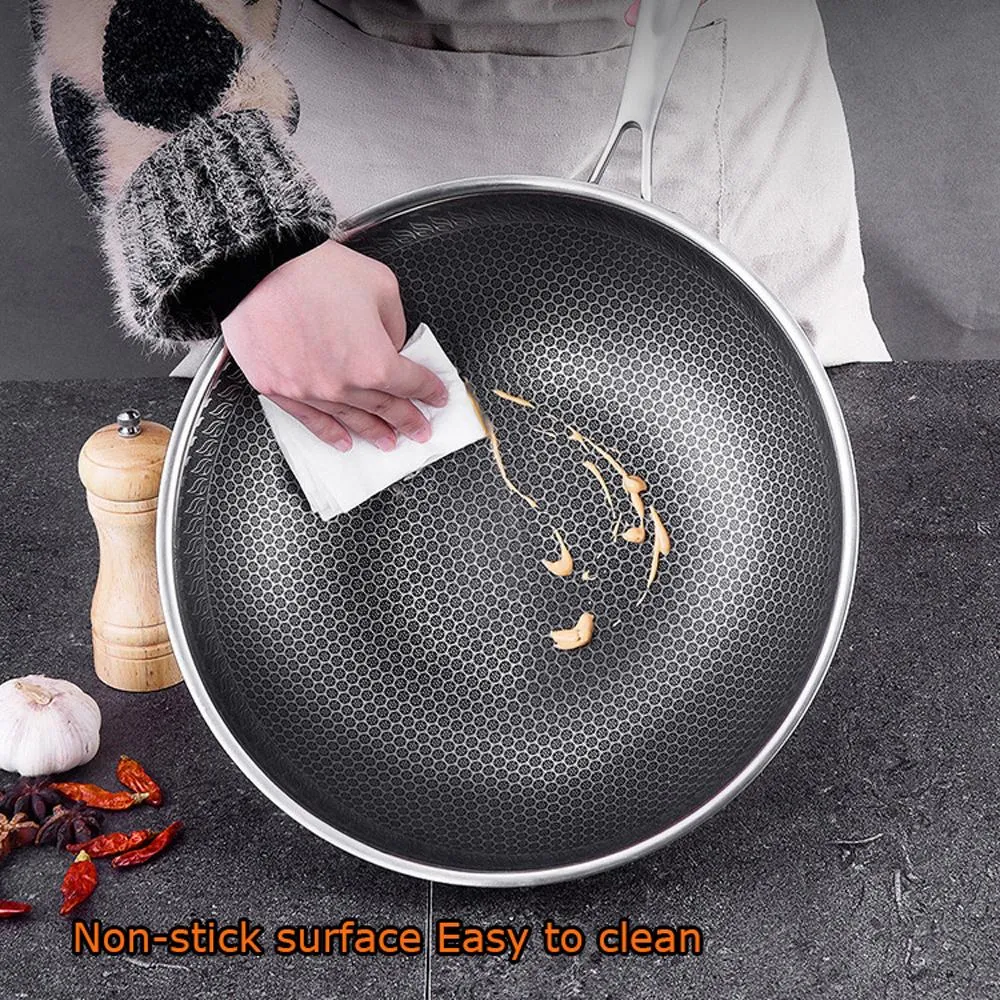 316 Stainless Steel 32cm Non-Stick Stir Fry Wok Pan | Honeycomb Double Sided | Without Lid