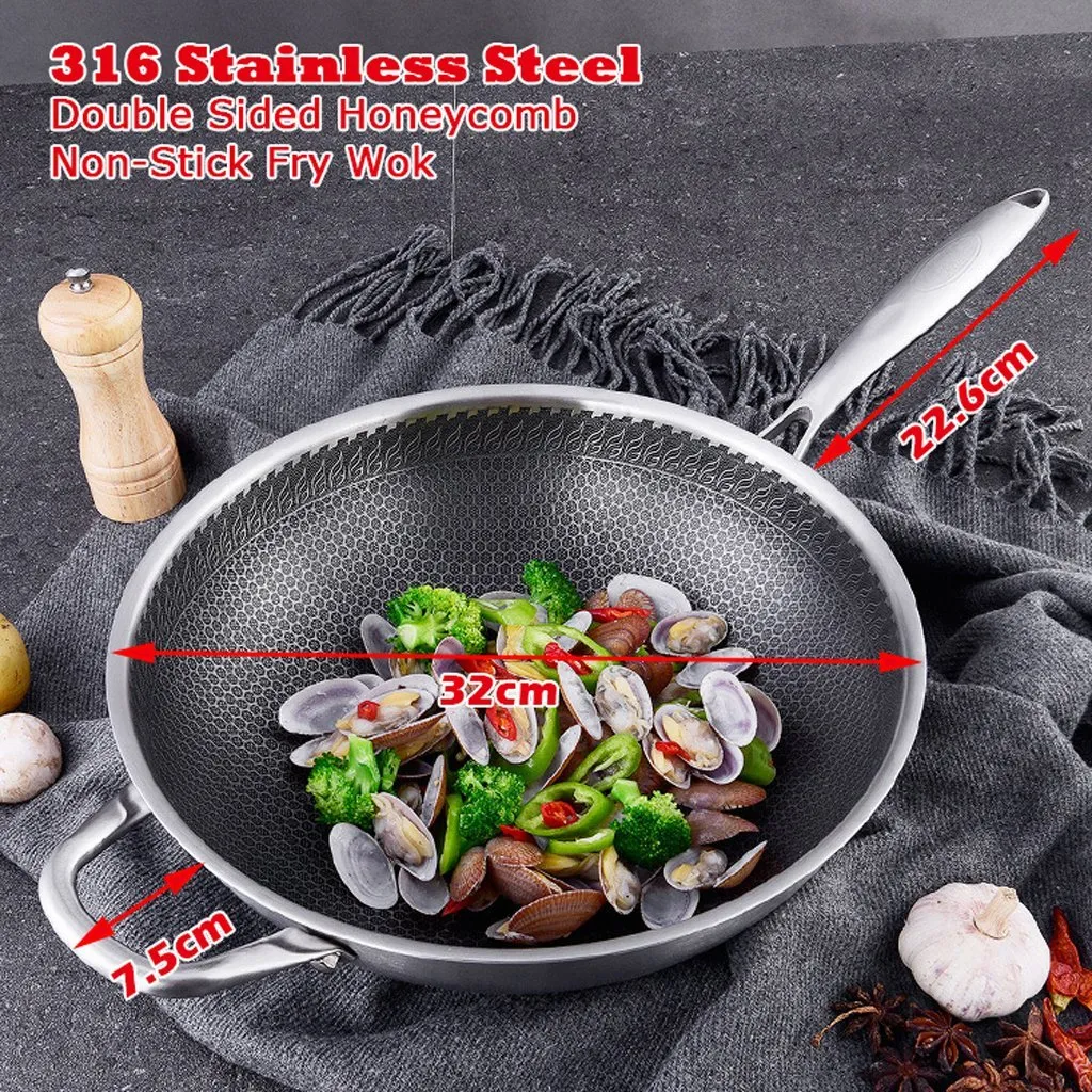 316 Stainless Steel 32cm Non-Stick Stir Fry Wok Pan | Honeycomb Double Sided | Without Lid