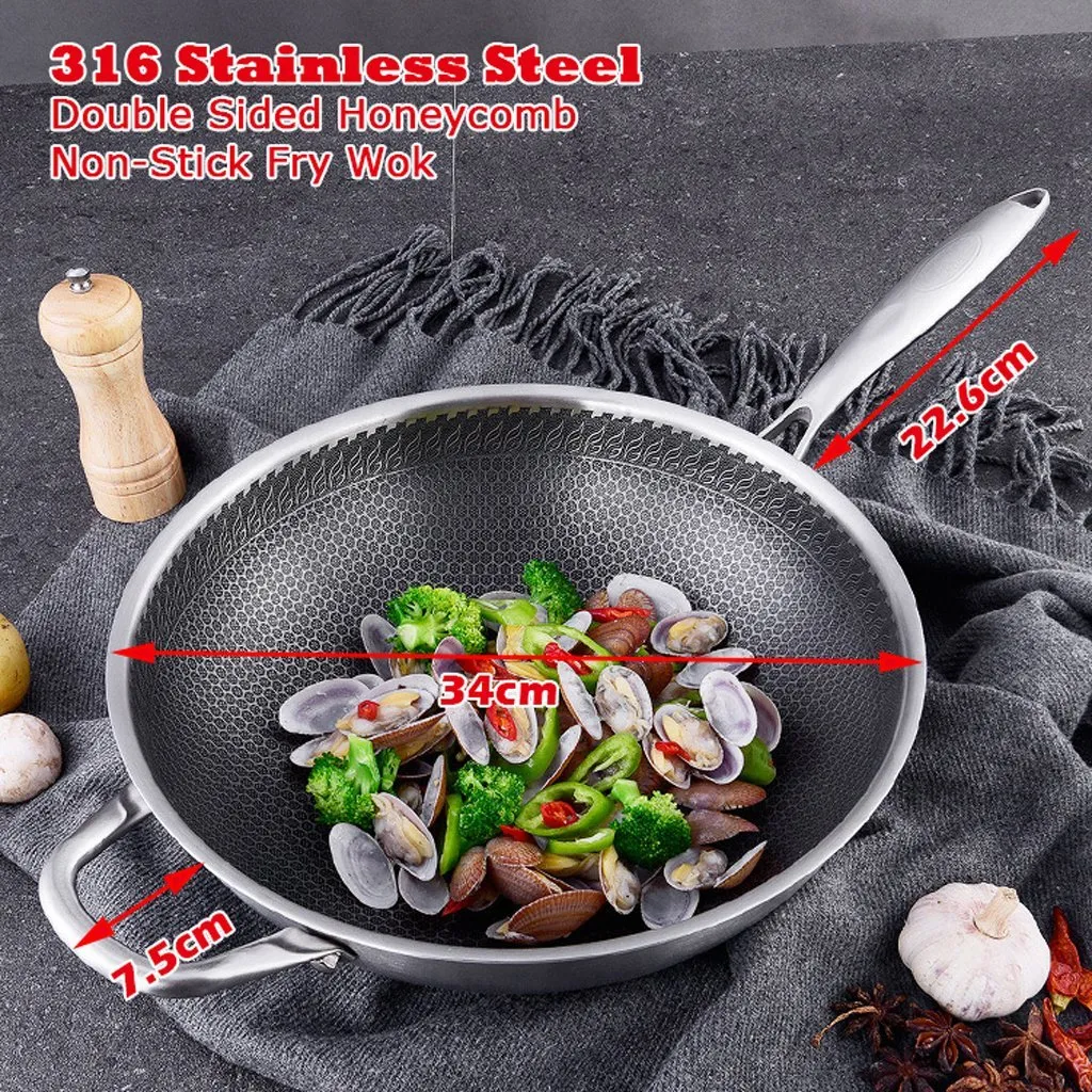 34cm 316 Stainless Steel Non-Stick Stir Fry Wok Pan | Honeycomb Double Sided | With Lid