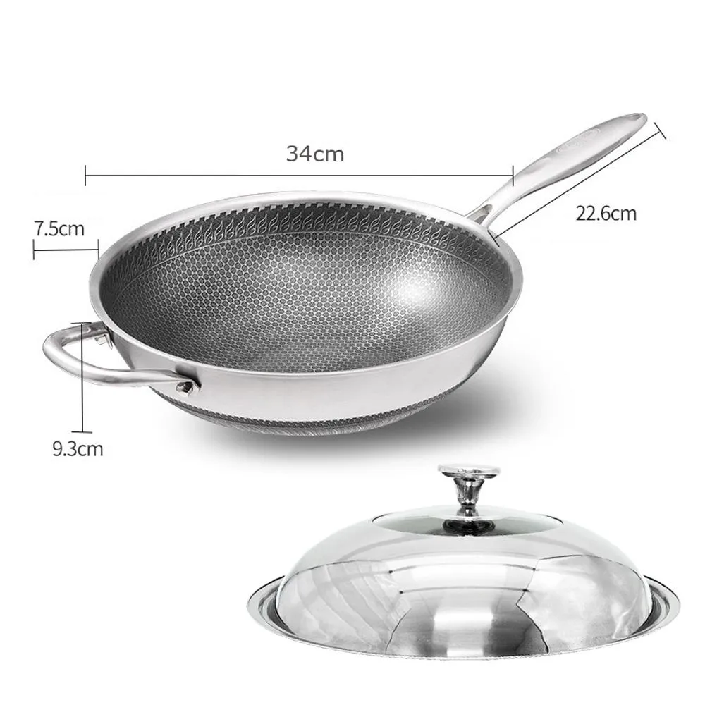 34cm 316 Stainless Steel Non-Stick Stir Fry Wok Pan | Honeycomb Double Sided | With Lid