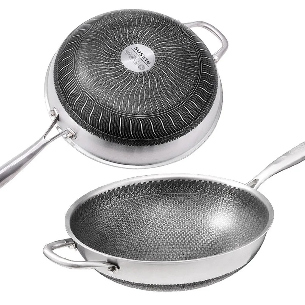 34cm 316 Stainless Steel Non-Stick Stir Fry Wok Pan | Honeycomb Double Sided | With Lid