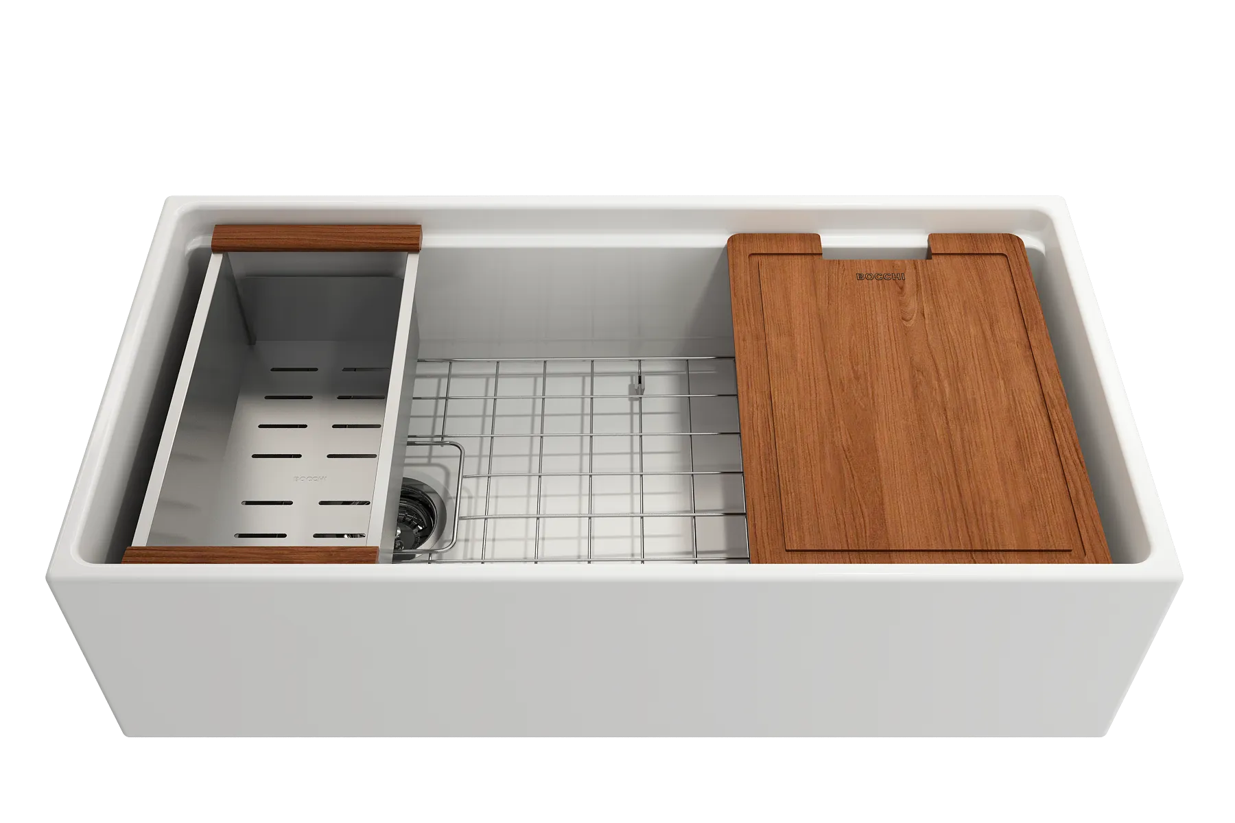 36" Fireclay Bocchi Contempo Apron Farmhouse Workstation Single Bowl Sink with Accessories