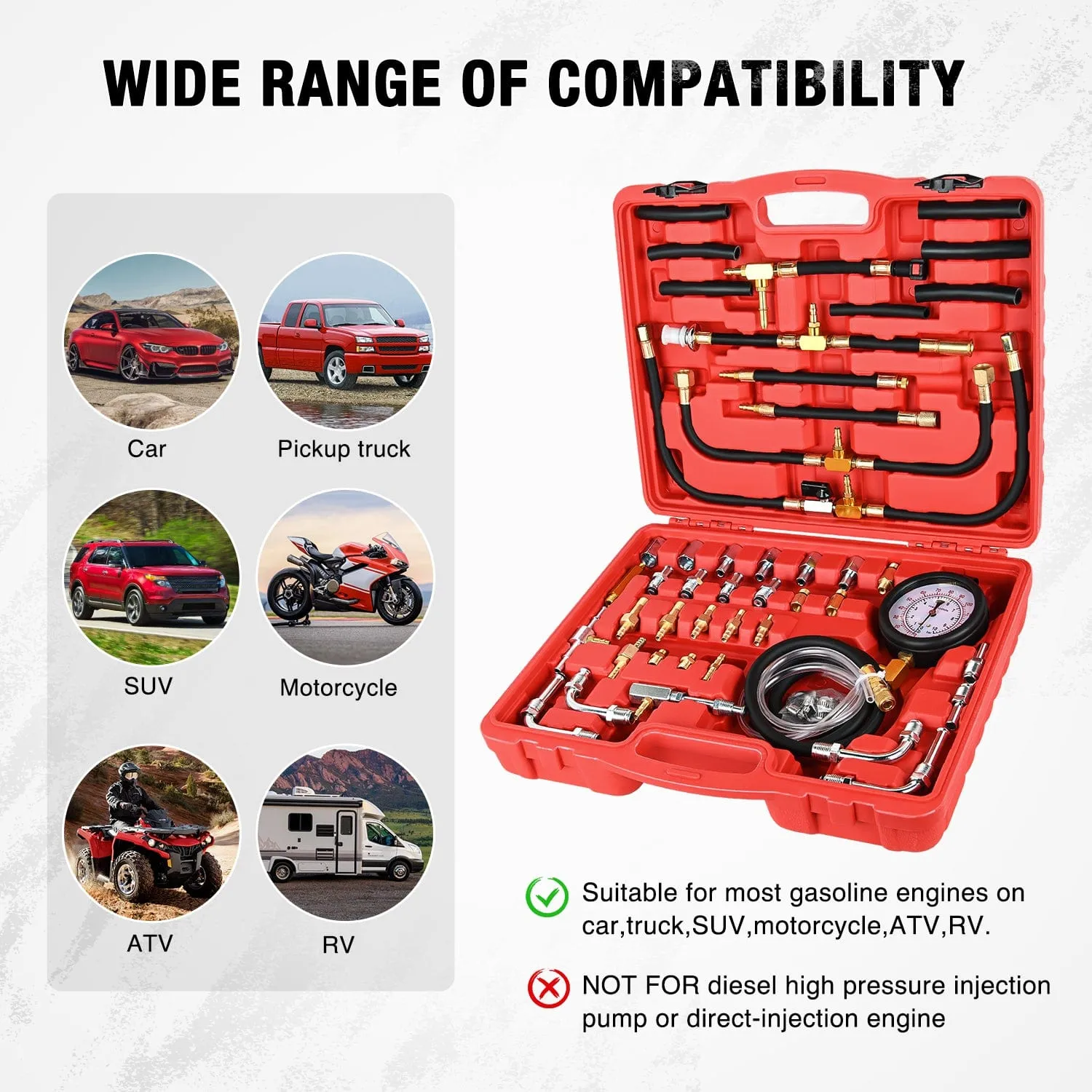 48 pcs 0-140 PSI Fuel PSI Fuel Injection Pump Pressure Gauge Petrol Engine Diagnostic Tester Kit