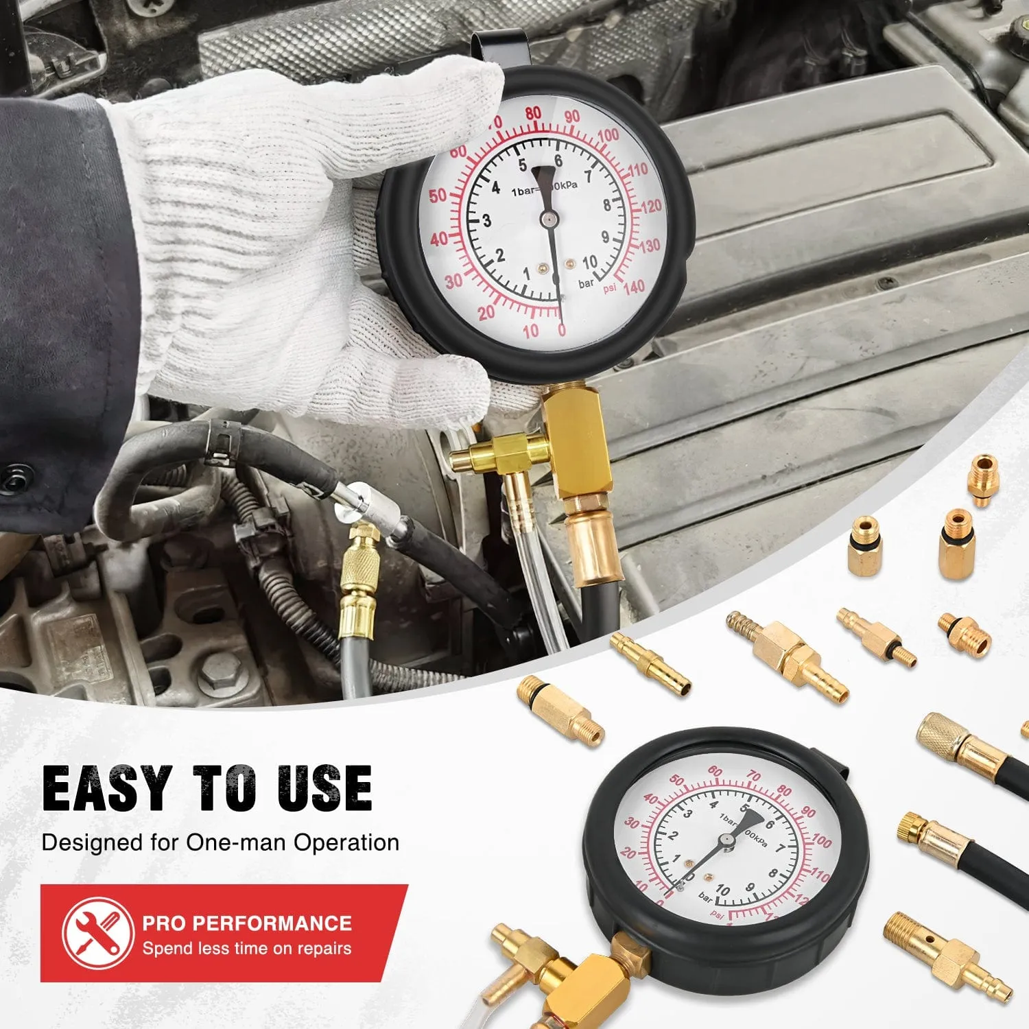 48 pcs 0-140 PSI Fuel PSI Fuel Injection Pump Pressure Gauge Petrol Engine Diagnostic Tester Kit