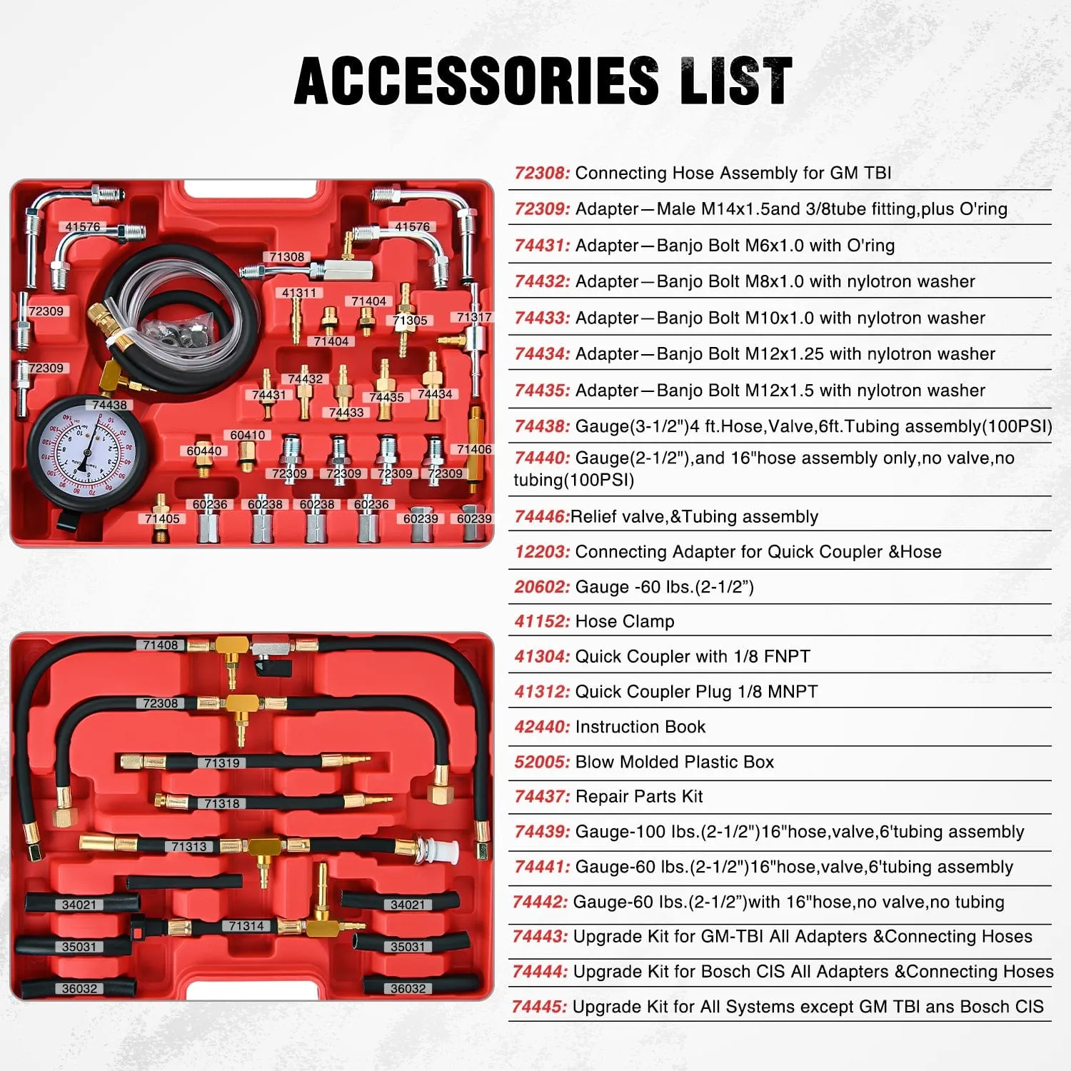 48 pcs 0-140 PSI Fuel PSI Fuel Injection Pump Pressure Gauge Petrol Engine Diagnostic Tester Kit