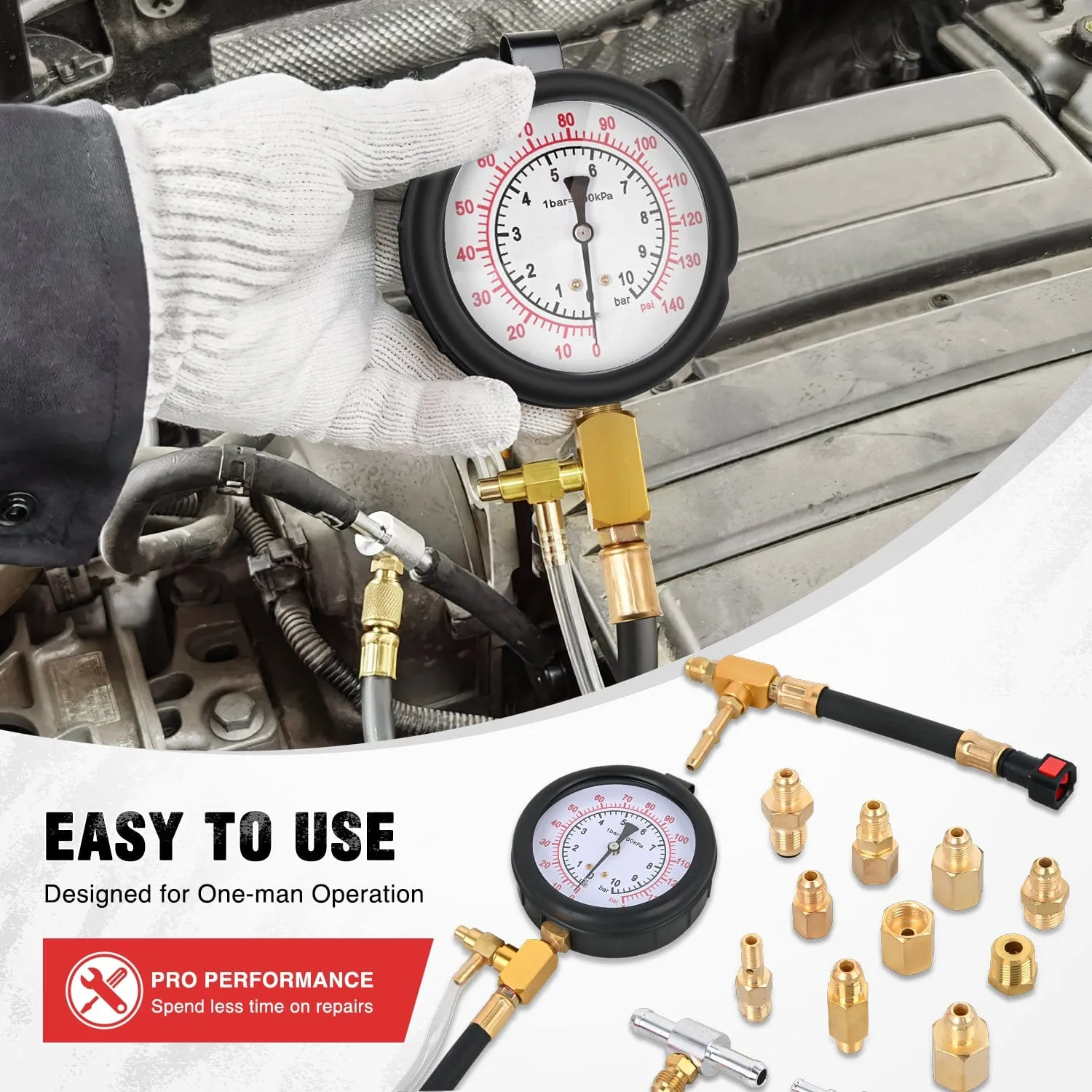 52 pcs 0-140 PSI Fuel Pressure Gauge with 9.49,7.89,6.30 Fuel Line Fittings Master Fuel Pressure Tester Kit