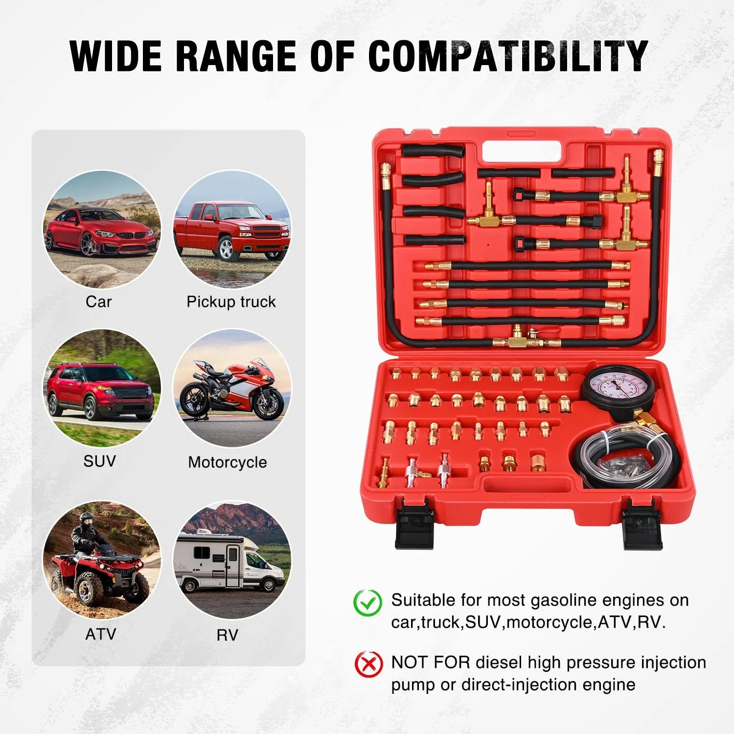 52 pcs 0-140 PSI Fuel Pressure Gauge with 9.49,7.89,6.30 Fuel Line Fittings Master Fuel Pressure Tester Kit