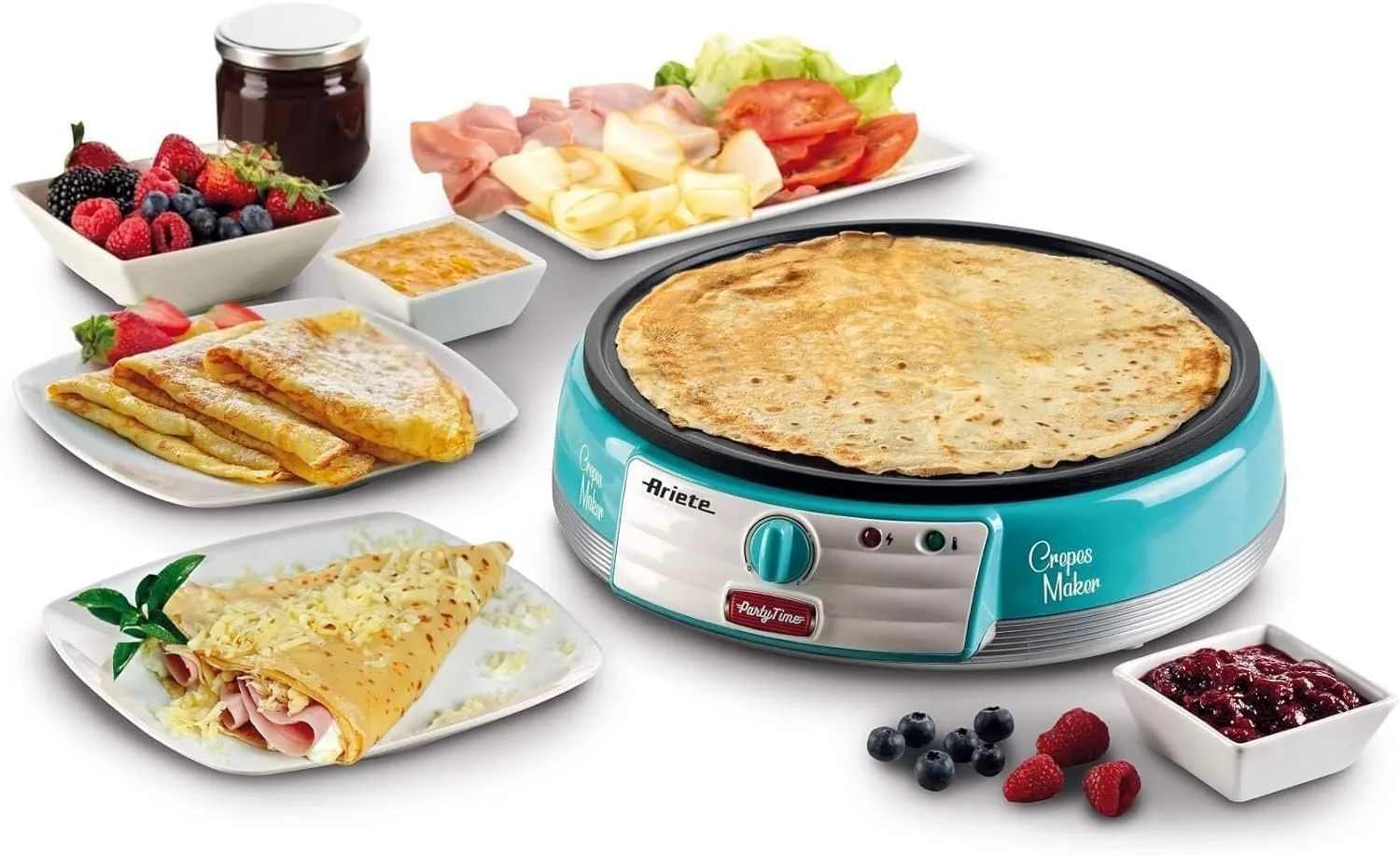 Ariete Electric Crepe Maker Dosa Maker | Portable Crepe Maker with Non-Stick Dipping Plate and Egg Whisk | Easy to Use for Pancakes, Chapati, Chilla, Dosa, Egg Beater | 1000Watt (Sky Blue)