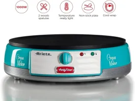 Ariete Electric Crepe Maker Dosa Maker | Portable Crepe Maker with Non-Stick Dipping Plate and Egg Whisk | Easy to Use for Pancakes, Chapati, Chilla, Dosa, Egg Beater | 1000Watt (Sky Blue)