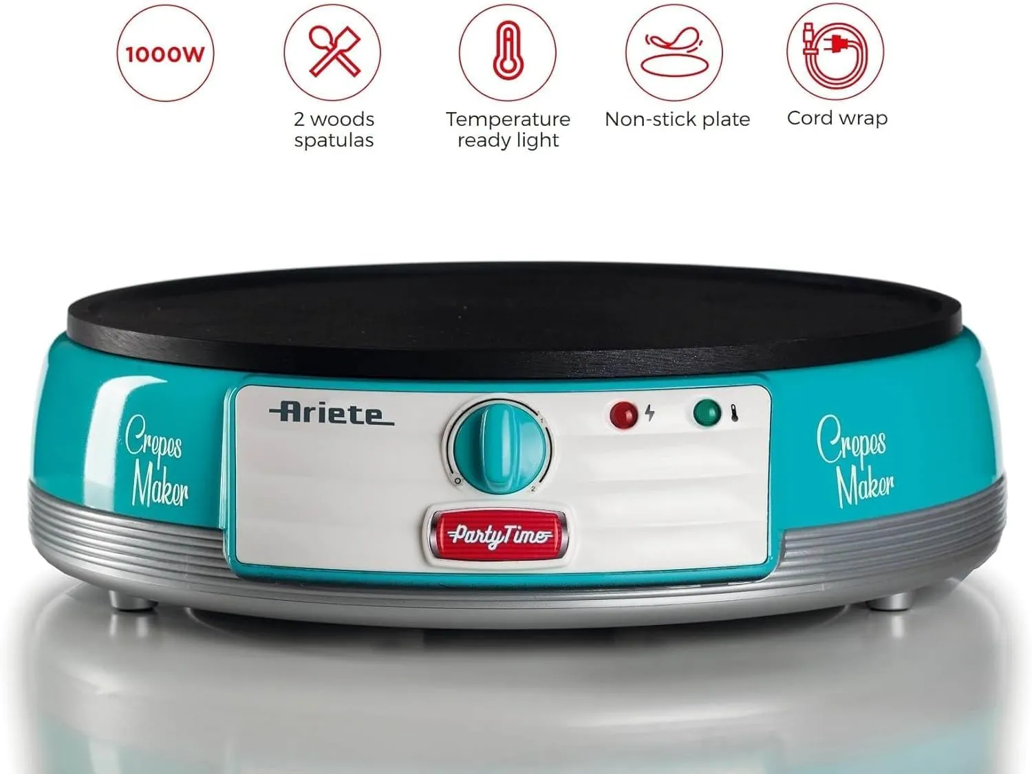 Ariete Electric Crepe Maker Dosa Maker | Portable Crepe Maker with Non-Stick Dipping Plate and Egg Whisk | Easy to Use for Pancakes, Chapati, Chilla, Dosa, Egg Beater | 1000Watt (Sky Blue)