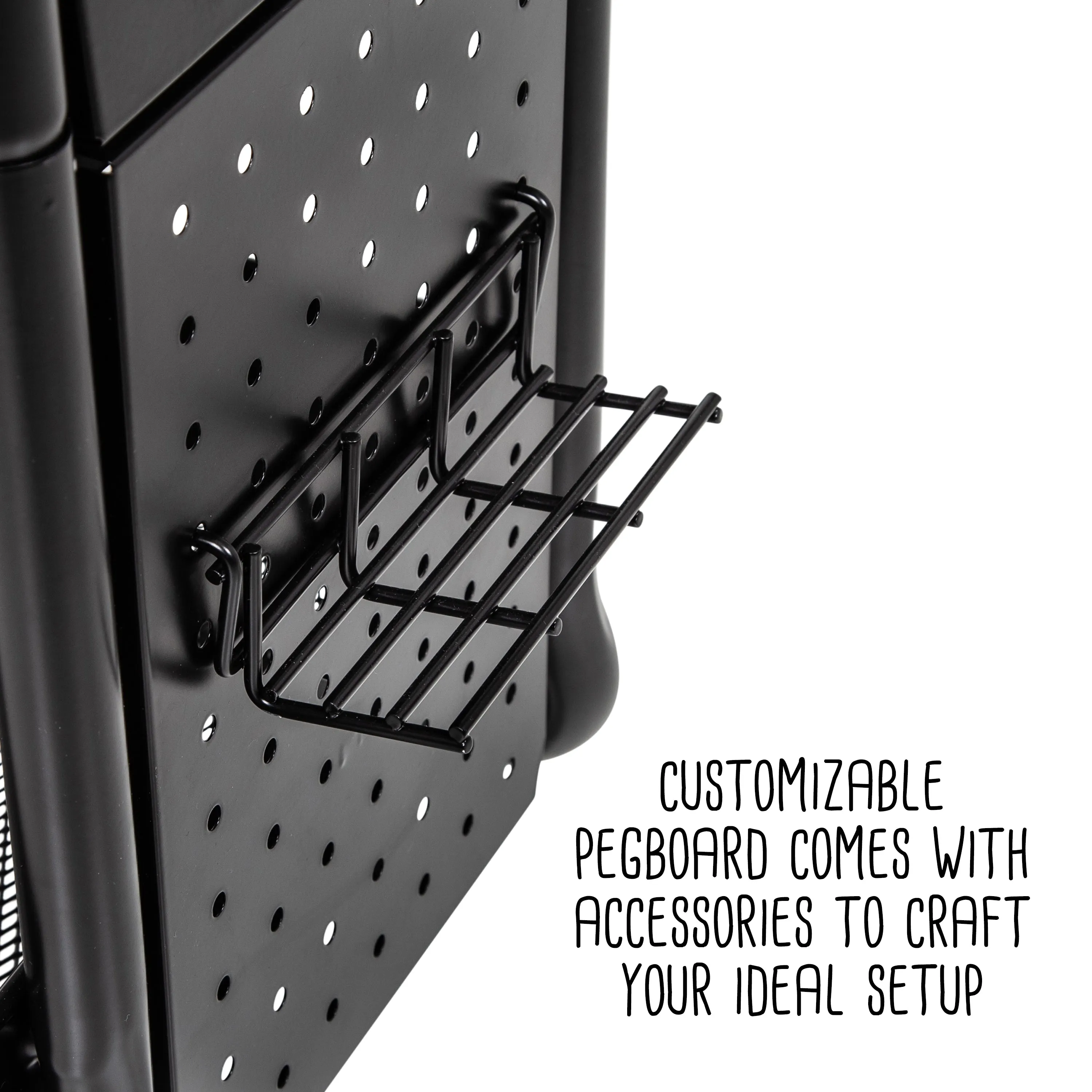Black Craft Cart with Wheels, Pegboard, Shelf, and Metal Basket