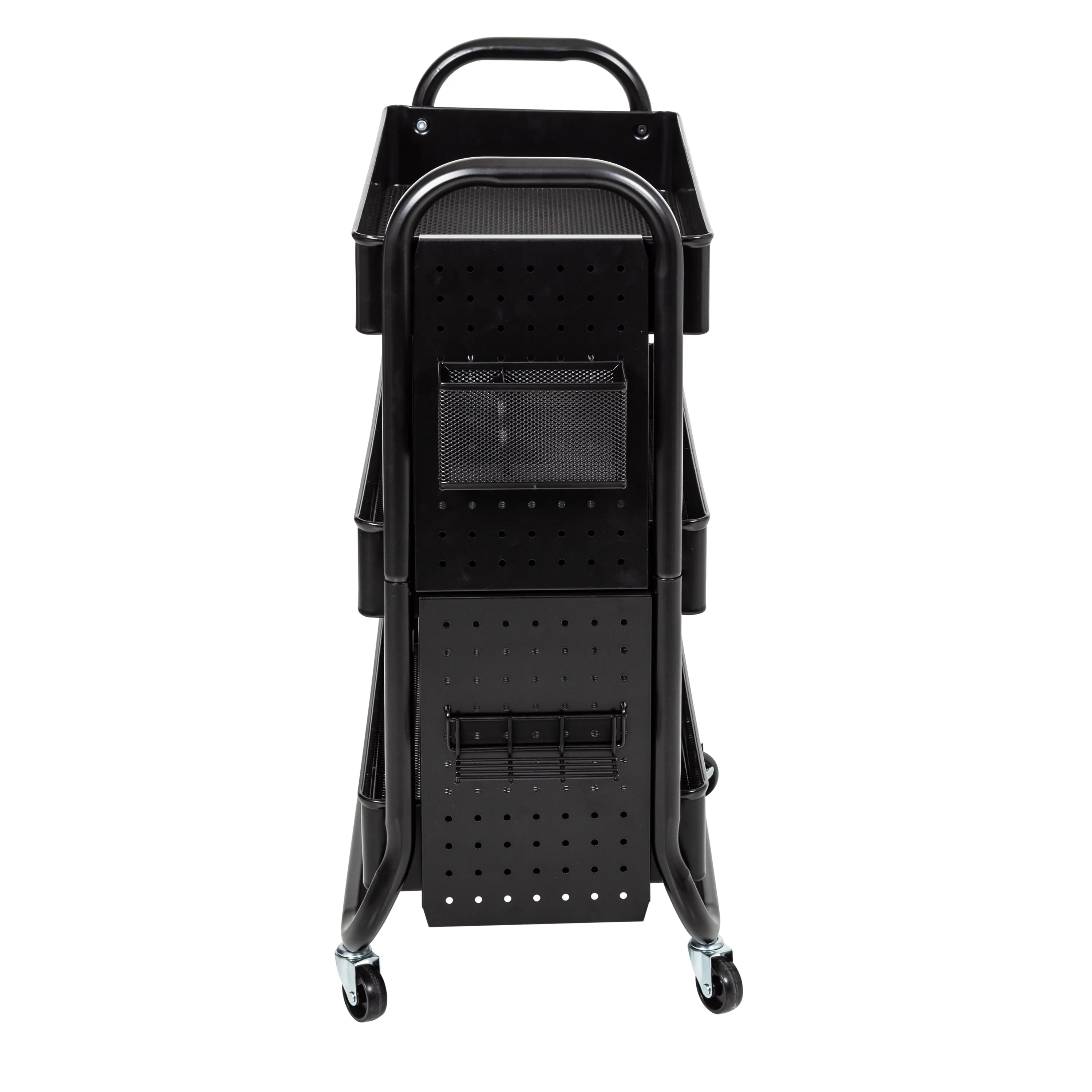 Black Craft Cart with Wheels, Pegboard, Shelf, and Metal Basket
