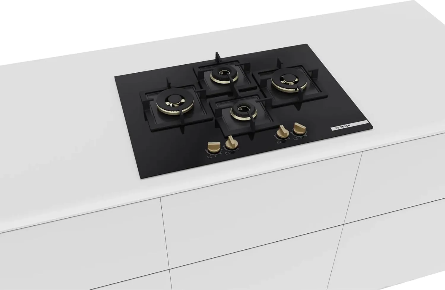 Bosch PNI7B6G20I 75 cm Built-in Gas Hob – 4 Burner, Full Brass 3D Ring Burners, Auto Ignition, Tempered Glass, Cast Iron Pan Supports, Black