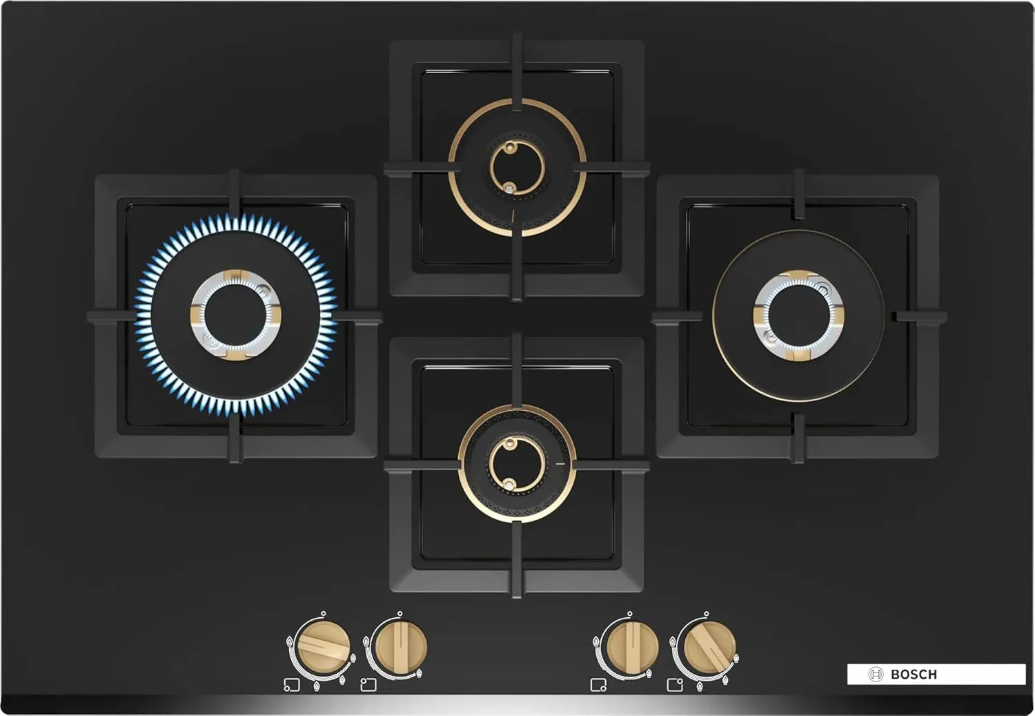 Bosch PNI7B6G20I 75 cm Built-in Gas Hob – 4 Burner, Full Brass 3D Ring Burners, Auto Ignition, Tempered Glass, Cast Iron Pan Supports, Black