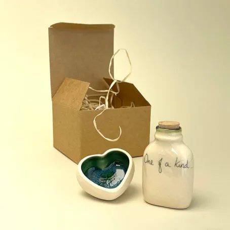 Ceramic quotation bottle and heart - one of a kind