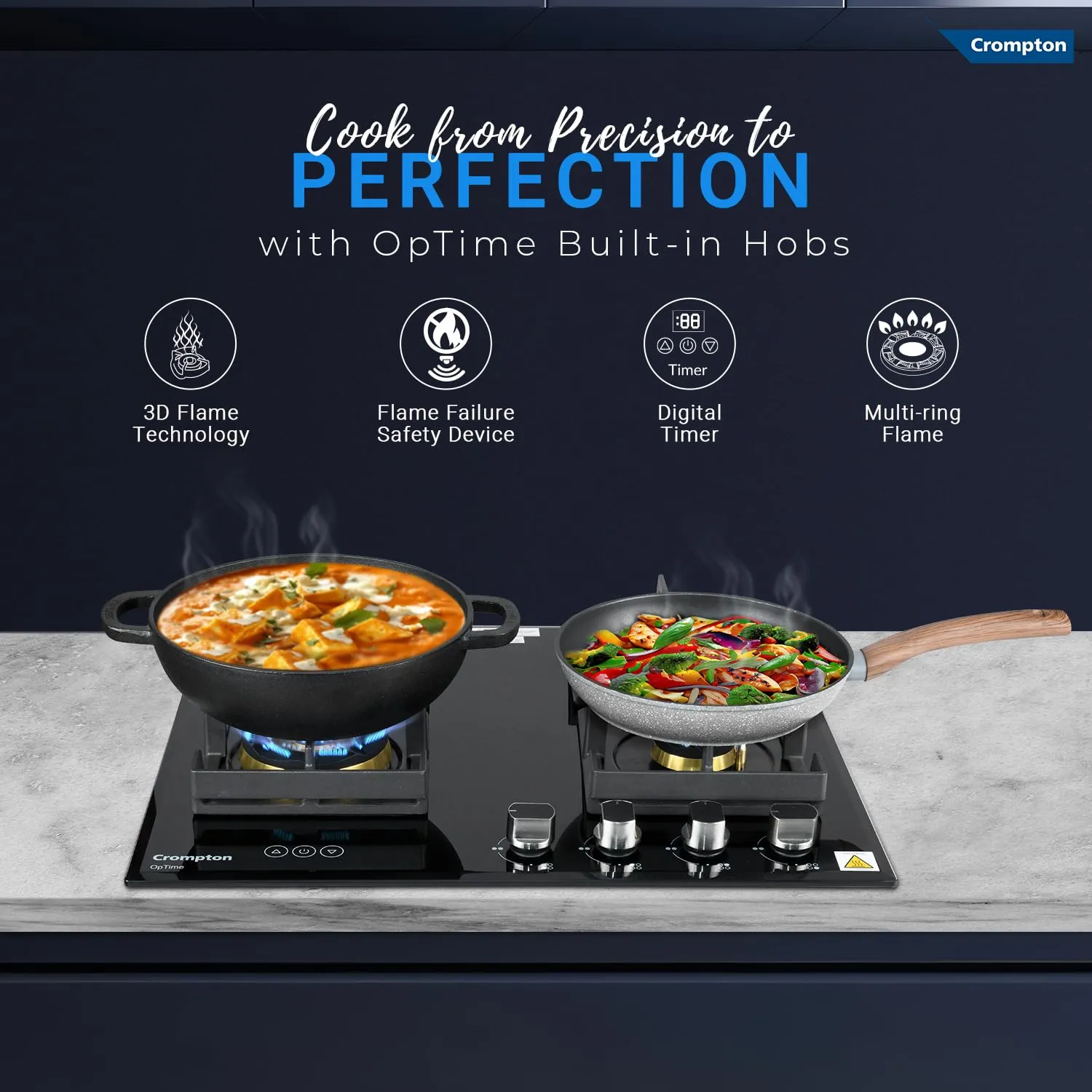 Crompton HOB-OPFB604TI-MBL Optime 60 cm 4 Burners Built-in Glass HOB with Digital Timer, Full Brass Burners & 3D Flame Technology ( Midnight Black)