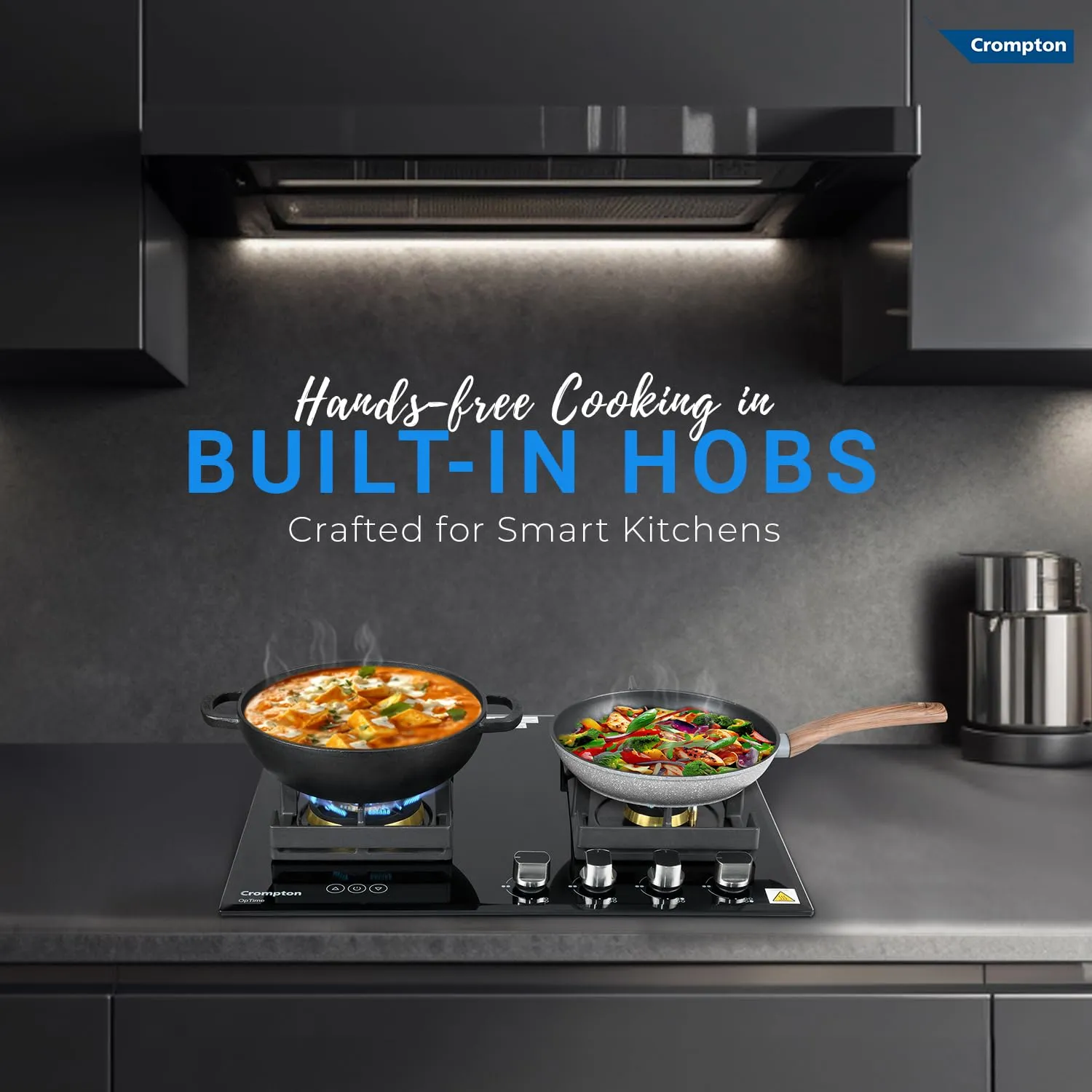 Crompton HOB-OPFB604TI-MBL Optime 60 cm 4 Burners Built-in Glass HOB with Digital Timer, Full Brass Burners & 3D Flame Technology ( Midnight Black)