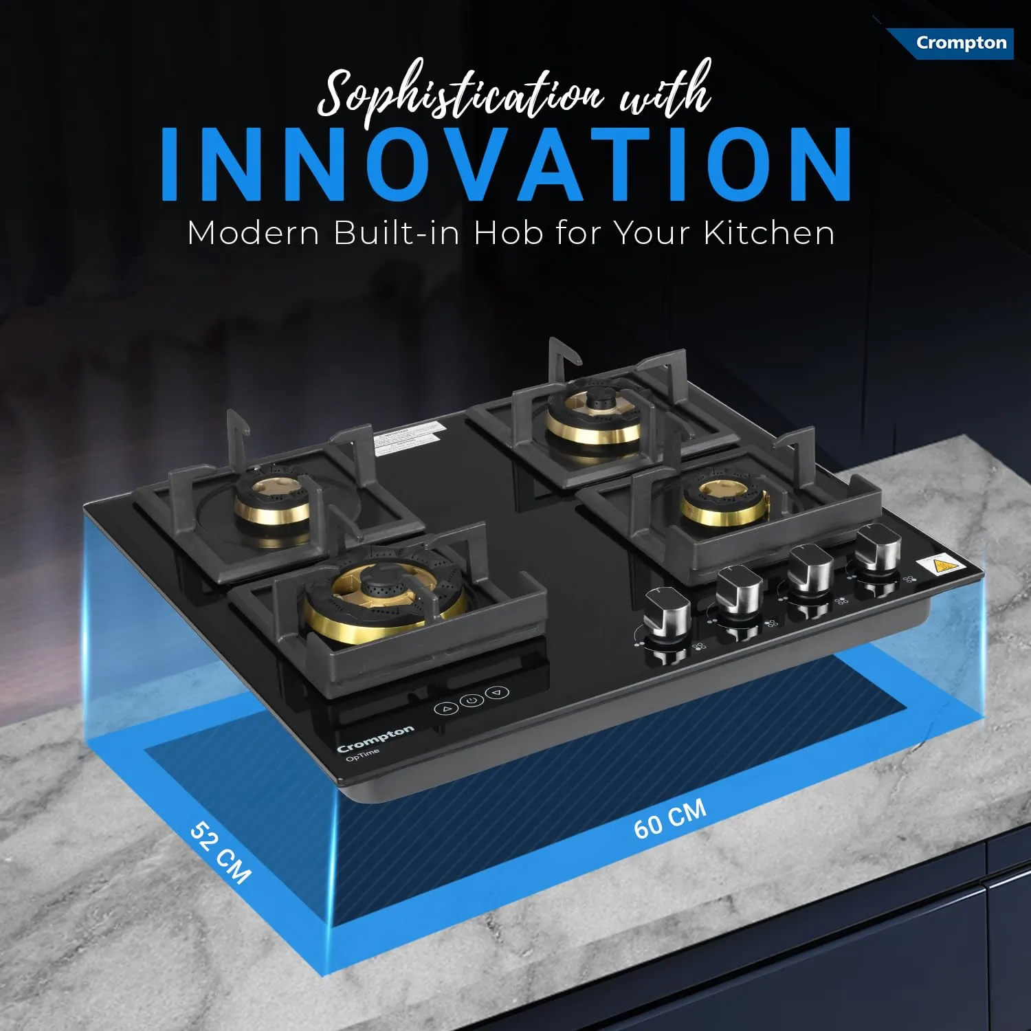 Crompton HOB-OPFB604TI-MBL Optime 60 cm 4 Burners Built-in Glass HOB with Digital Timer, Full Brass Burners & 3D Flame Technology ( Midnight Black)