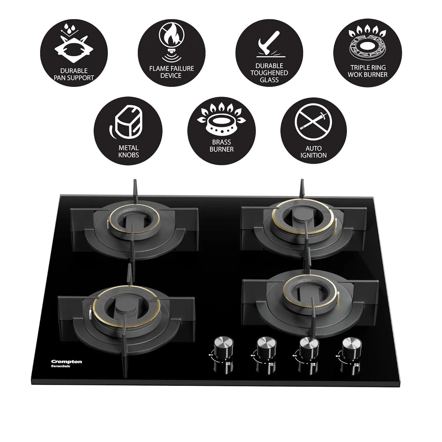 Crompton HOB-SSDC604-MBL SensoSafe 60 cm 4 Burners Built-in Gas Hob With High Efficiency Brass Burners, Auto-Ignition and 8 MM Toughened Glass ( Midnight Black)