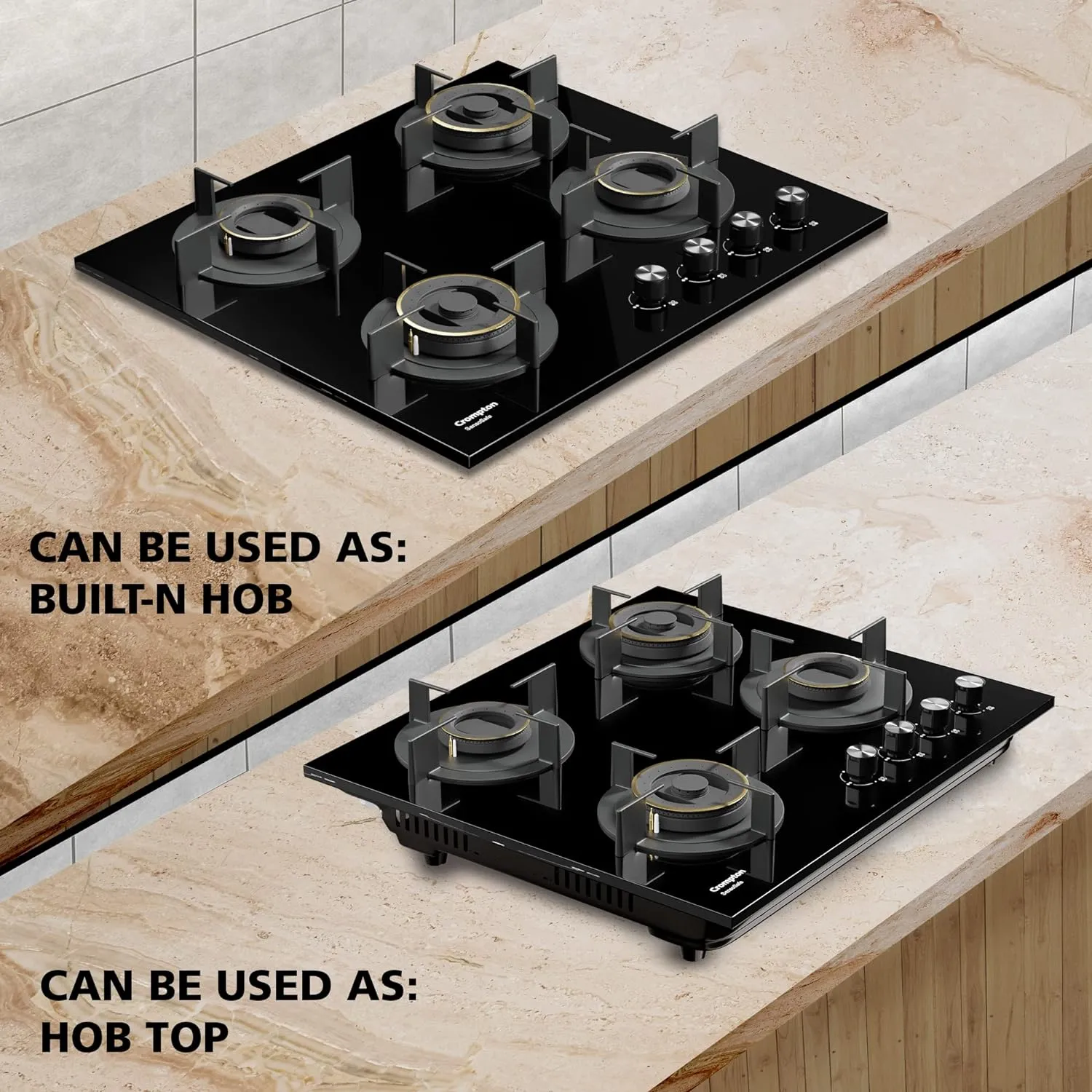 Crompton HOB-SSDC604-MBL SensoSafe 60 cm 4 Burners Built-in Gas Hob With High Efficiency Brass Burners, Auto-Ignition and 8 MM Toughened Glass ( Midnight Black)
