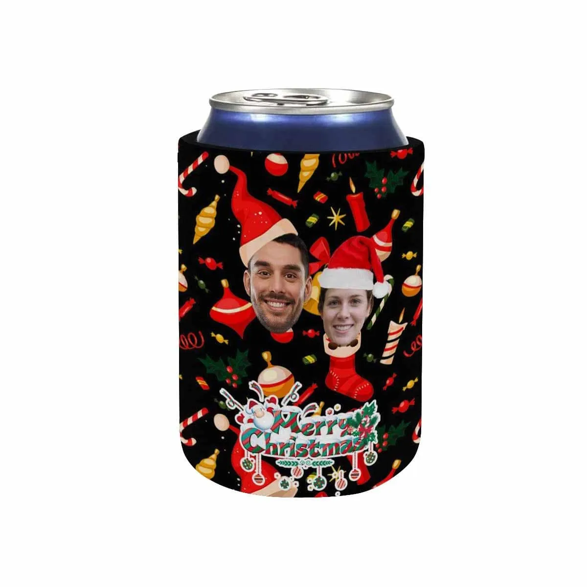 Custom Couple Face Can Coolers Christmas Koozies Personalized Red Hat Neoprene Can Cooler Non Slip for Beer Cans and Bottles