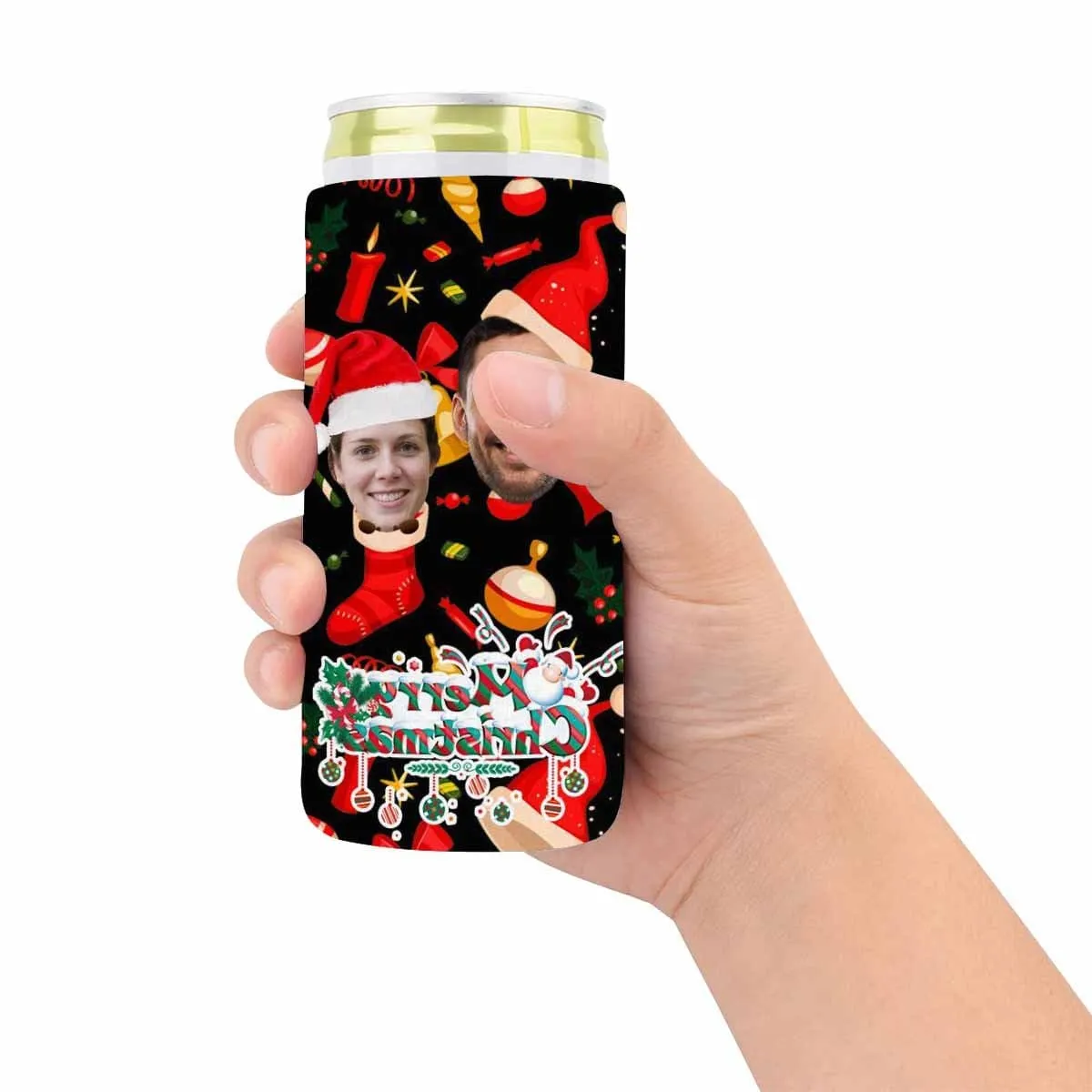 Custom Couple Face Can Coolers Christmas Koozies Personalized Red Hat Neoprene Can Cooler Non Slip for Beer Cans and Bottles