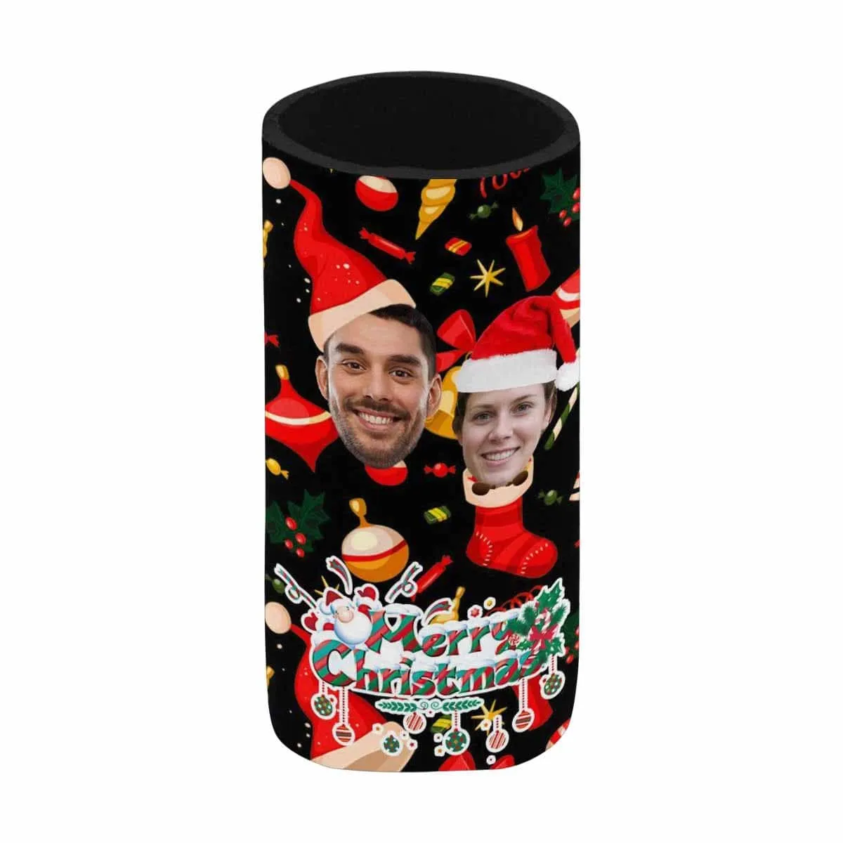 Custom Couple Face Can Coolers Christmas Koozies Personalized Red Hat Neoprene Can Cooler Non Slip for Beer Cans and Bottles