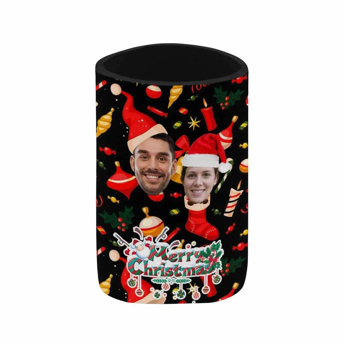 Custom Couple Face Can Coolers Christmas Koozies Personalized Red Hat Neoprene Can Cooler Non Slip for Beer Cans and Bottles
