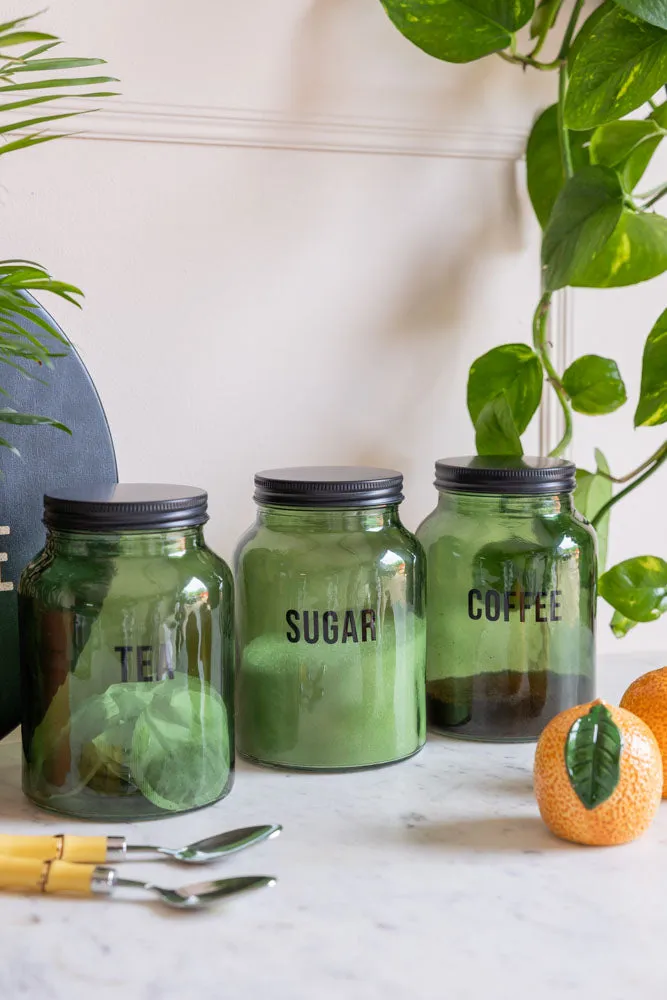 Green Glass Storage Jar With Black Lid - Sugar