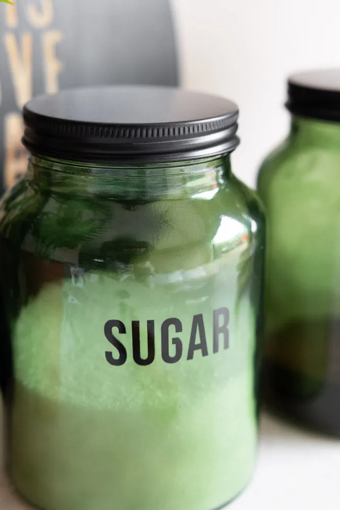 Green Glass Storage Jar With Black Lid - Sugar