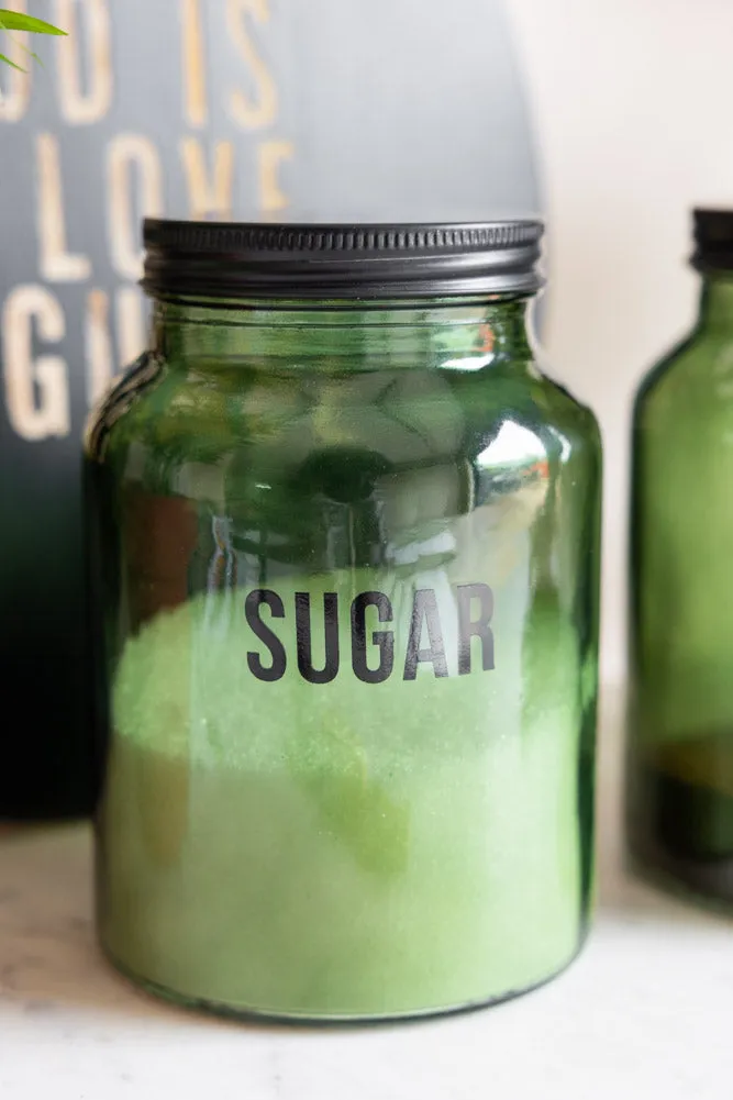 Green Glass Storage Jar With Black Lid - Sugar