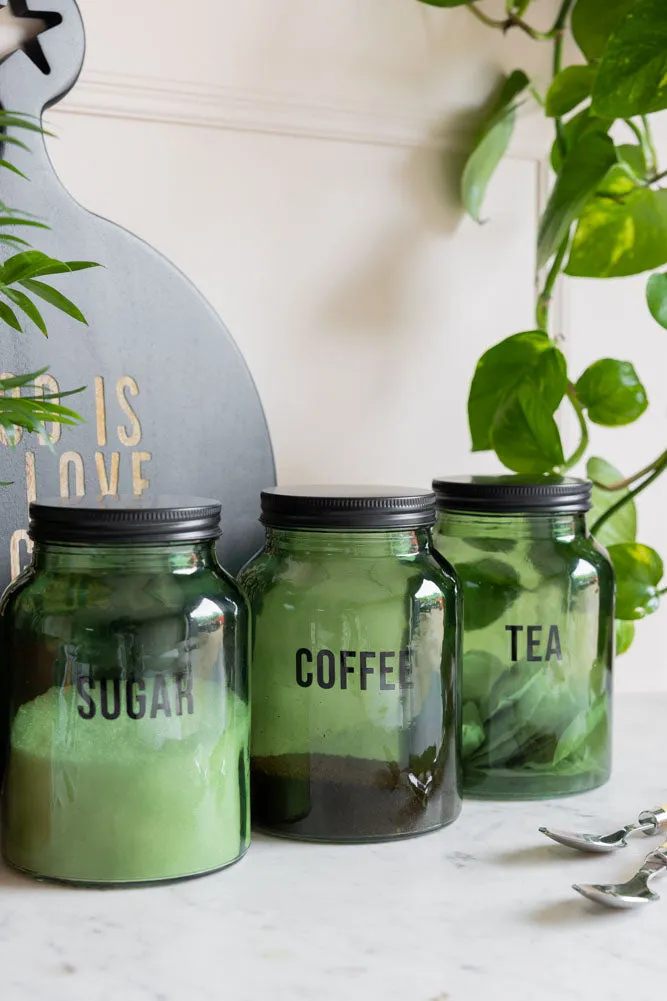 Green Glass Storage Jar With Black Lid - Sugar