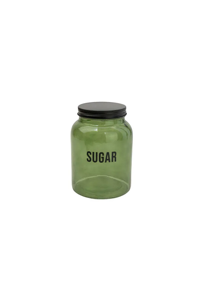 Green Glass Storage Jar With Black Lid - Sugar